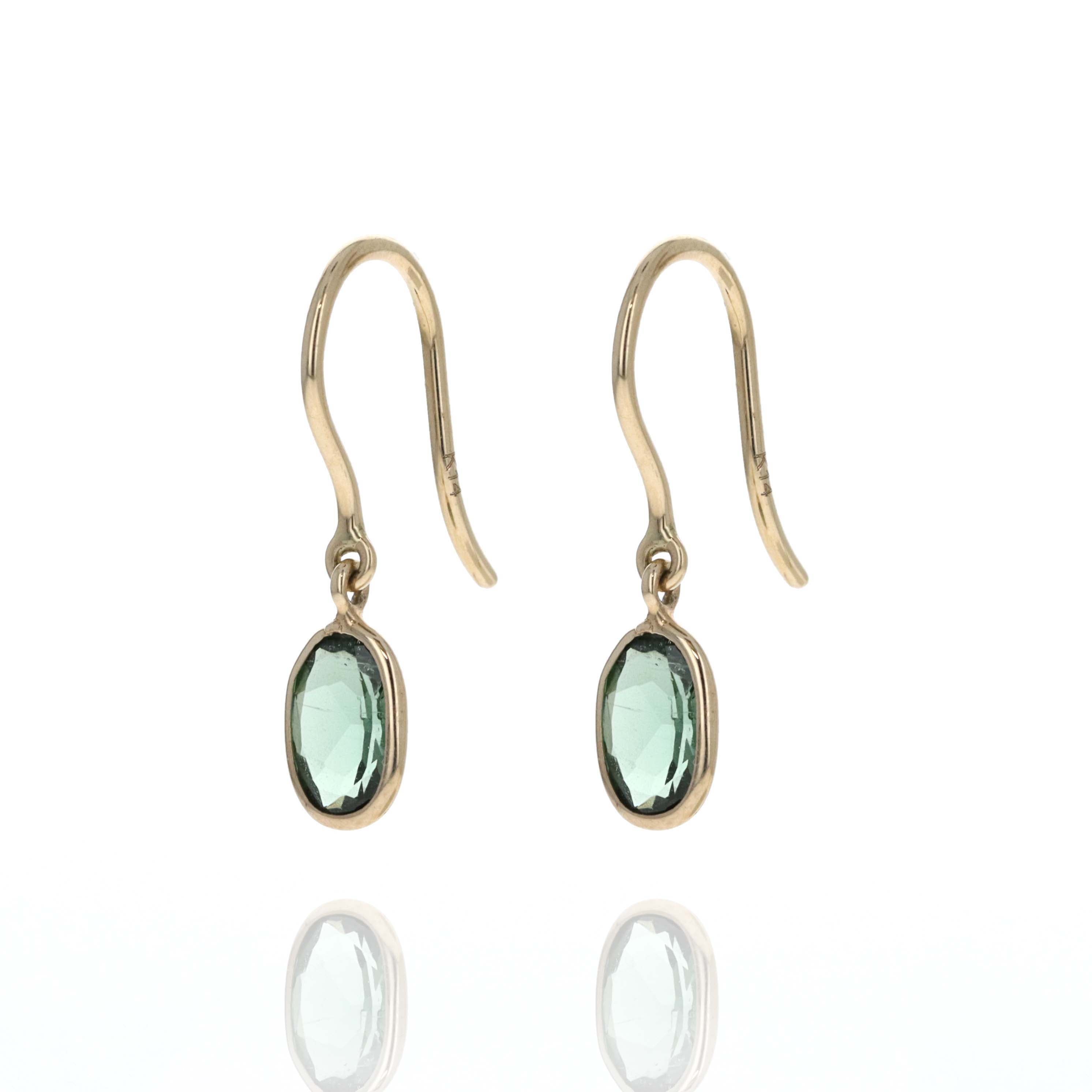 14K Yellow Gold 1.3 Carat Oval Green Tourmaline Drop Bezel Earrings - Queen May