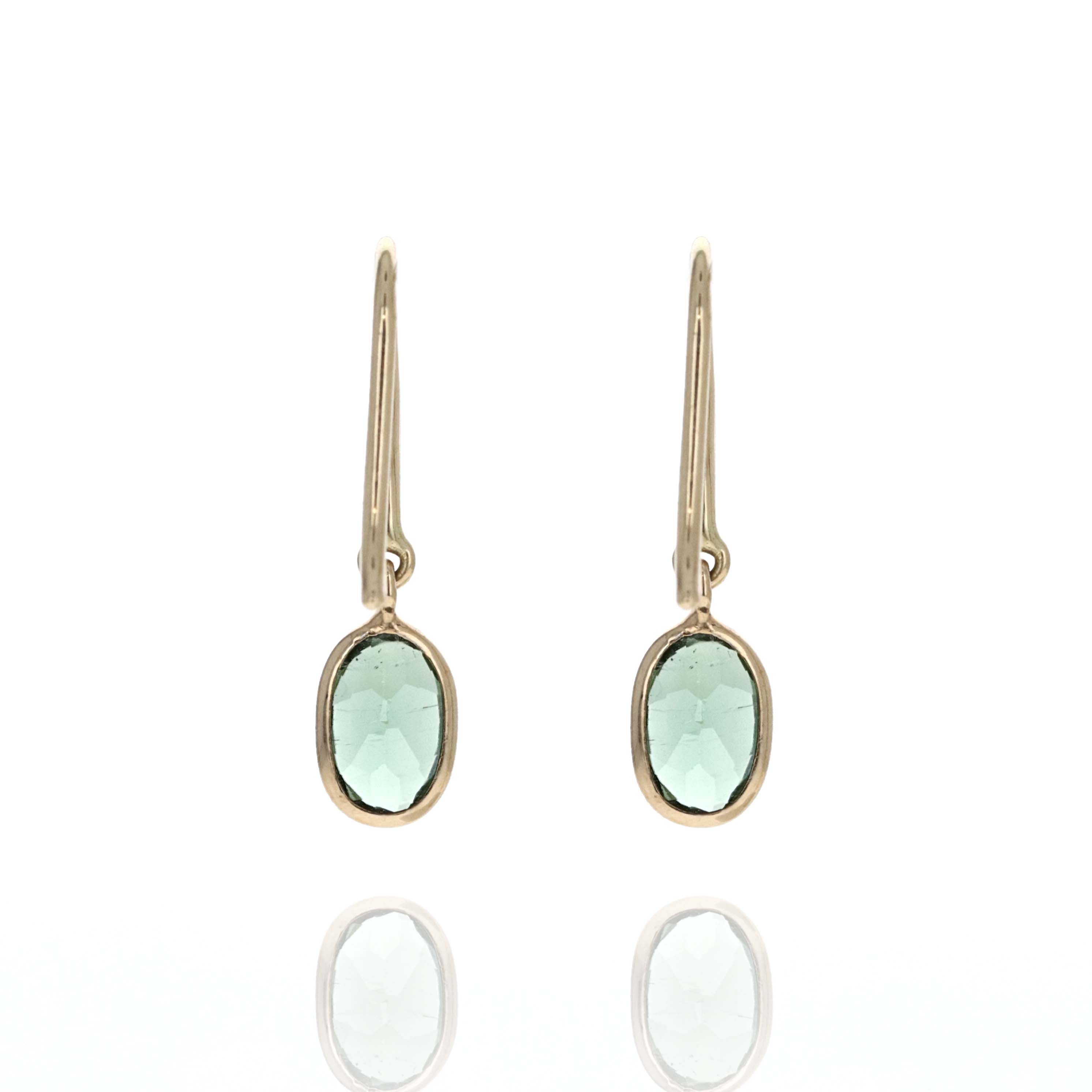 14K Yellow Gold 1.3 Carat Oval Green Tourmaline Drop Bezel Earrings - Queen May