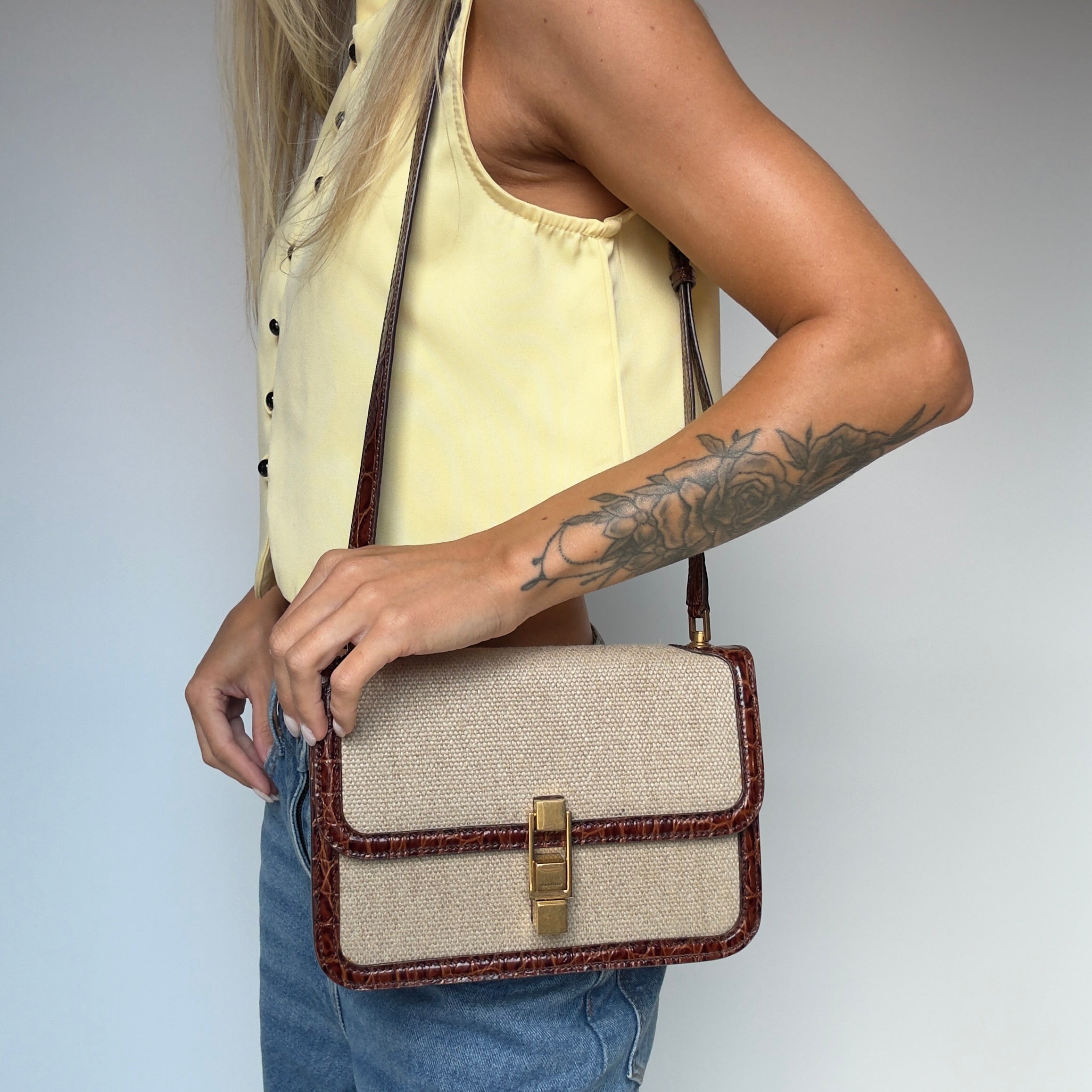 Saint Laurent Le Carre Satchel Canvas Brown Crocodile Embossed Leather Trim - Queen May