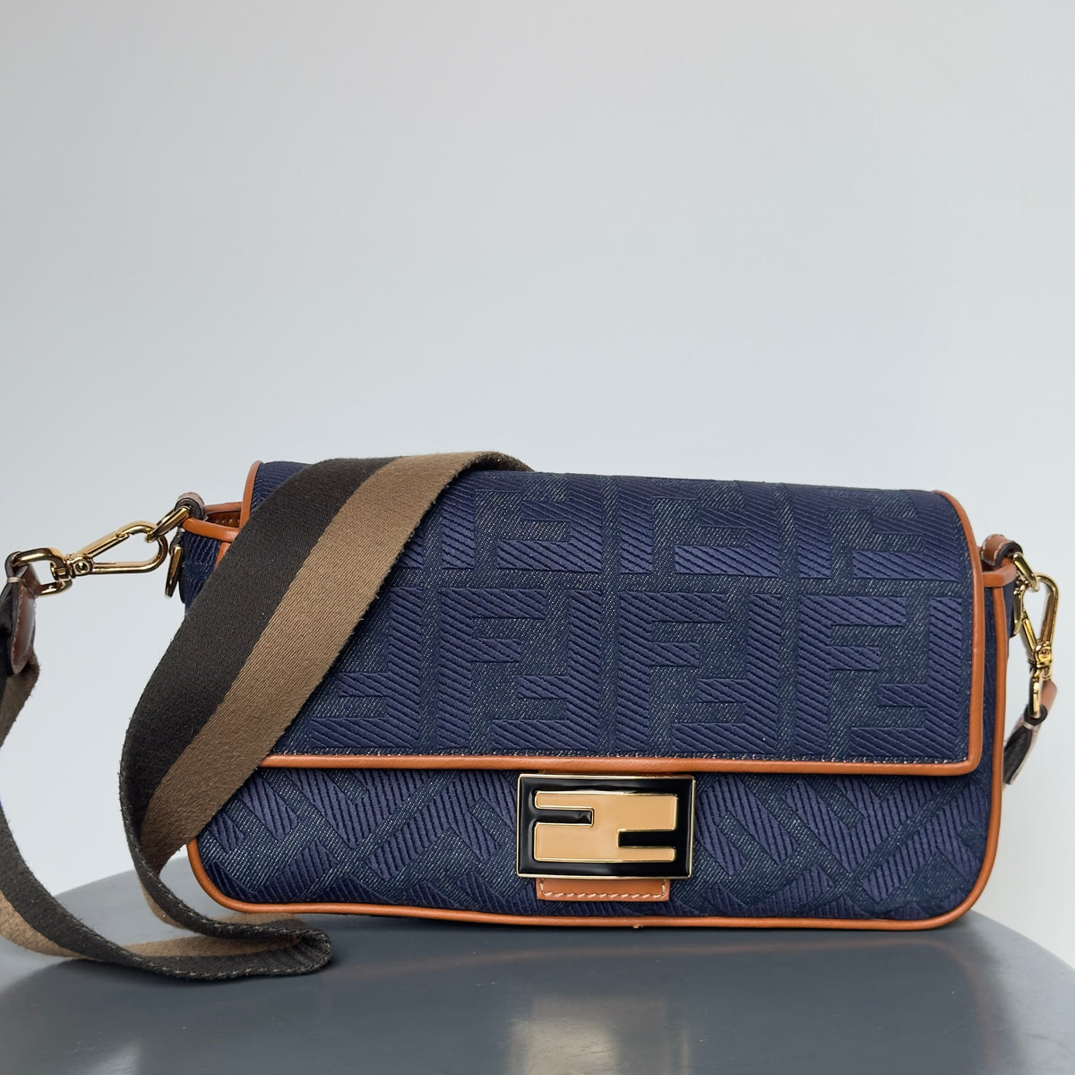 Fendi Zucca Embroidered Denim Baguette Satchel - Queen May