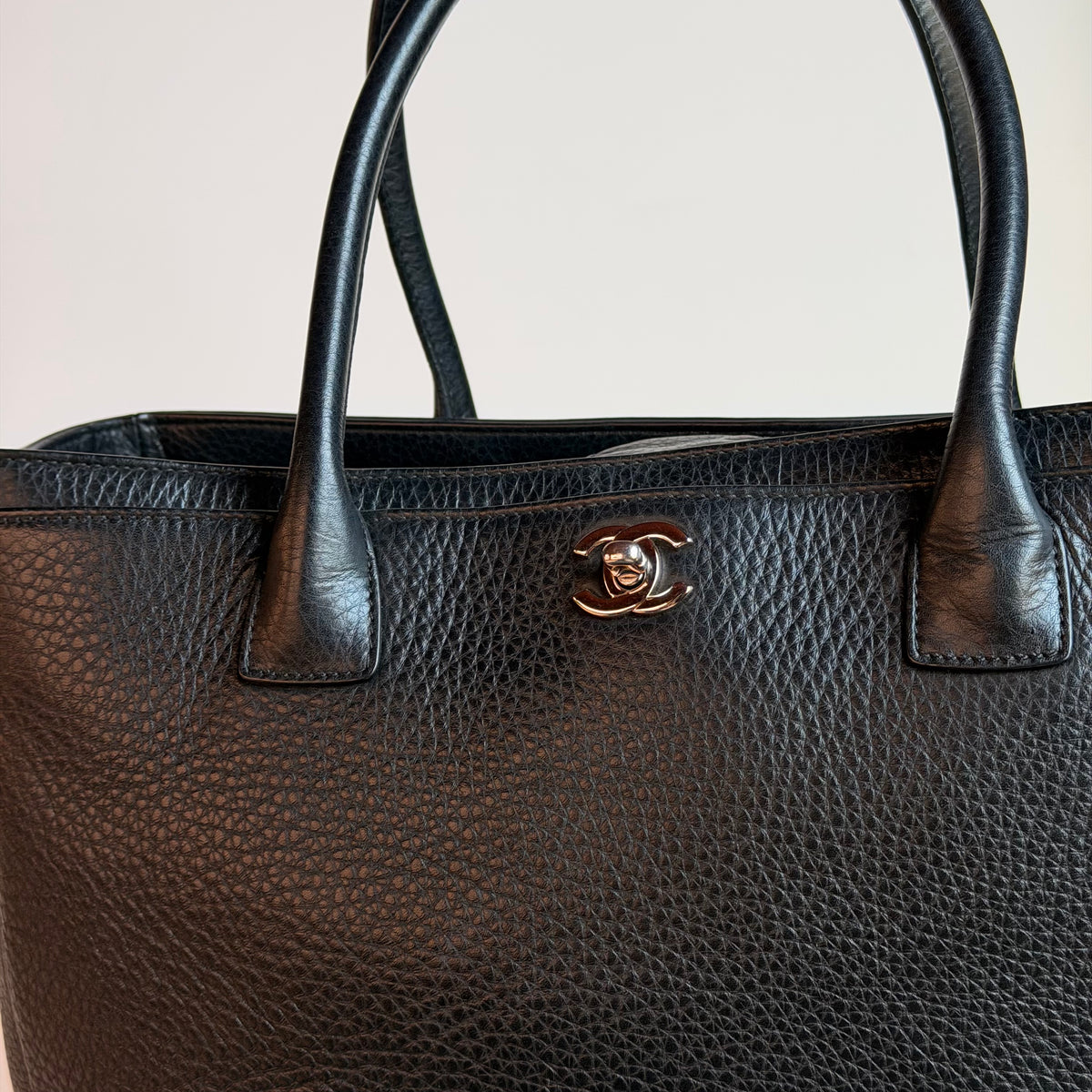 Chanel Large Black Calfskin Cerf Executive Shopper Tote Silver Hardware With Strap