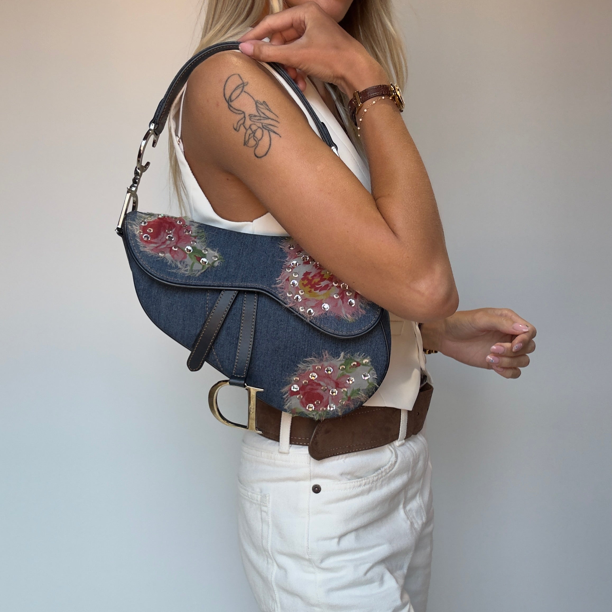Vintage Limited Edition Dior John Galliano Denim Crystal Floral Embroidered Saddle Bag Y2K