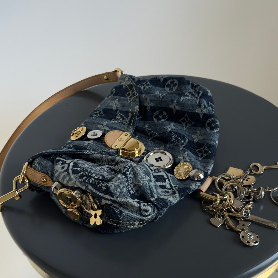 Rare Limited Edition Louis Vuitton Blue Monogram Raye Denim Judy Blame Mini Pleaty Gold & Silver Hardware, 2008 6 Charms - Queen May