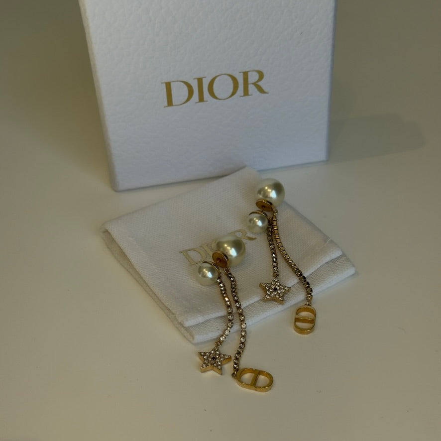 Dior Triabales Earrings Gold Finish Metal White Resin Pearls White Crystals - Queen May
