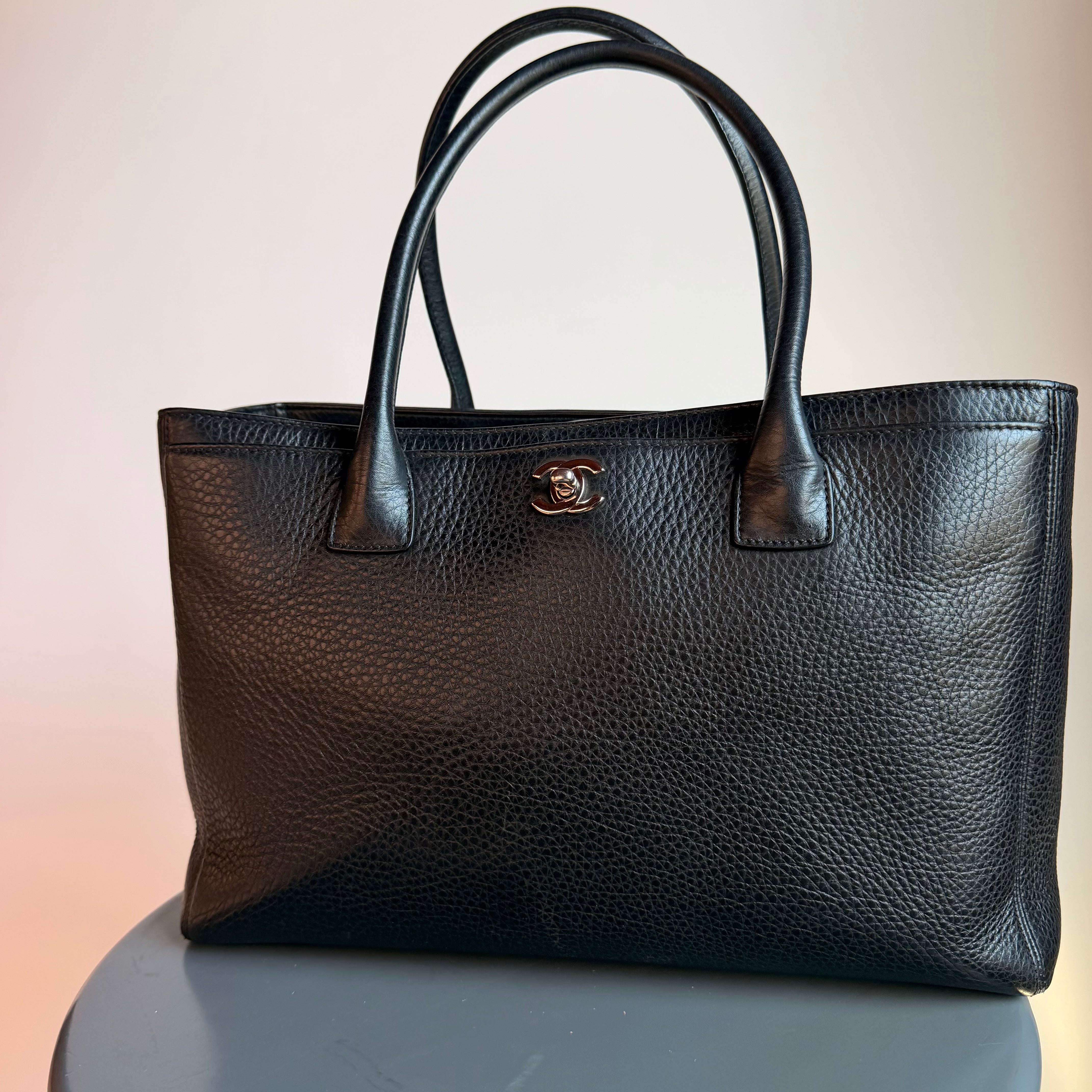 Chanel Large Black Calfskin Cerf Executive Shopper Tote Silver Hardware With Strap