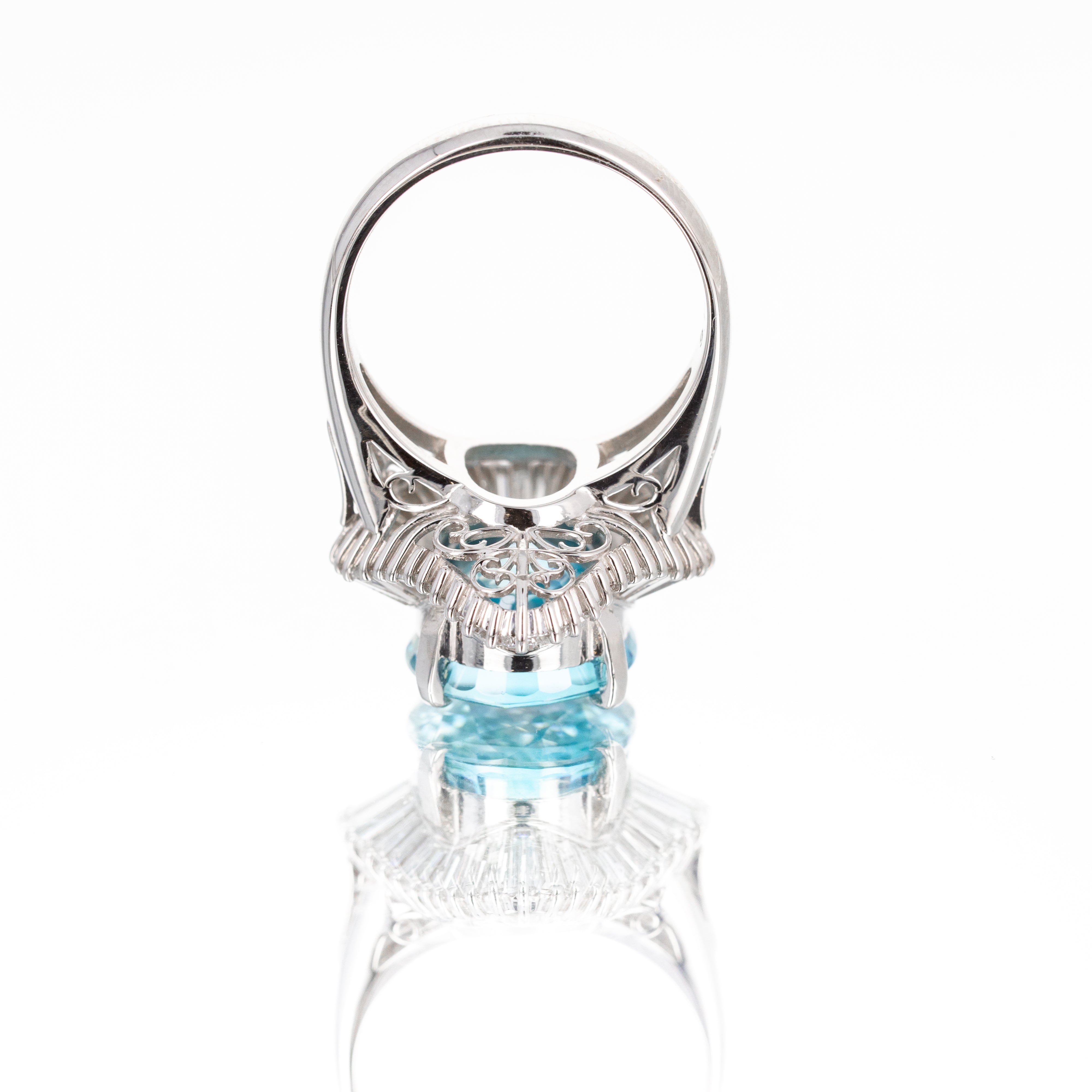 Platinum 9.78 Carat Oval Blue Zircon Diamond Fan Ring - Queen May