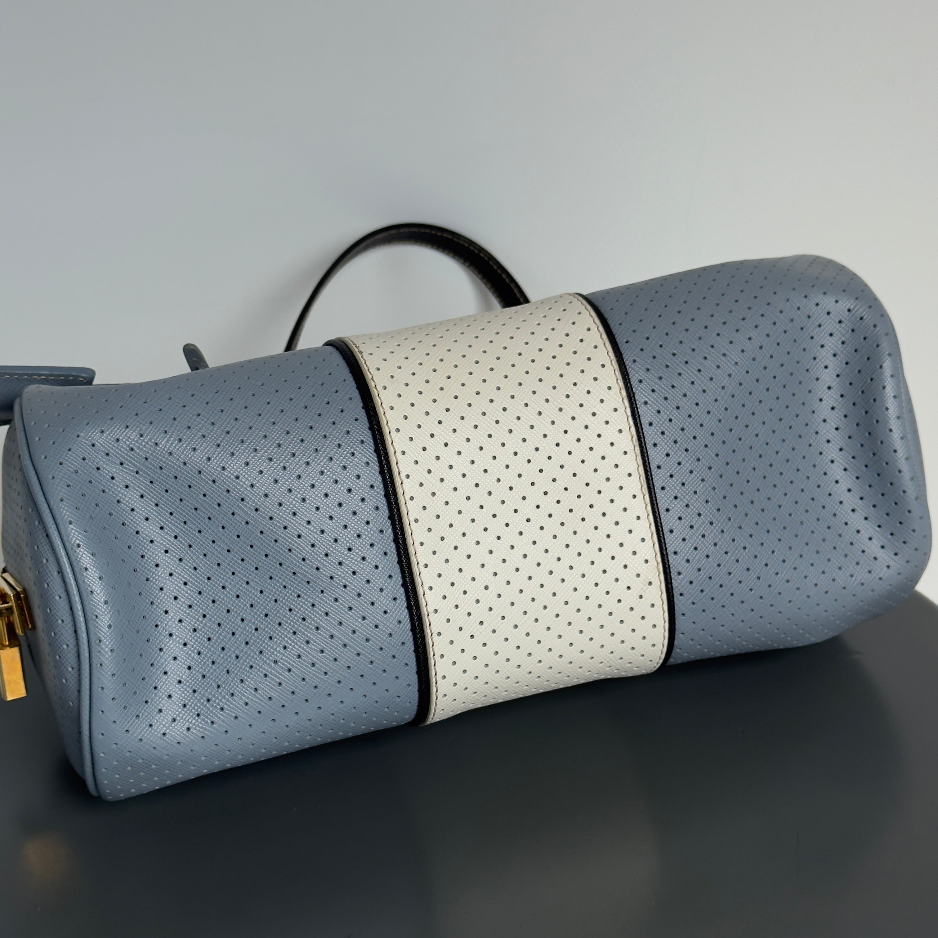 Prada Perforated Saffiano Lux Bauletto Bag Light Blue