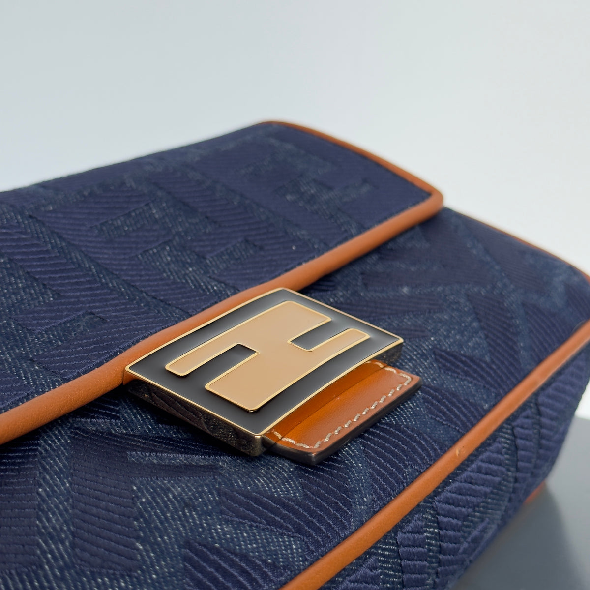 Fendi Zucca Embroidered Denim Baguette Satchel - Queen May