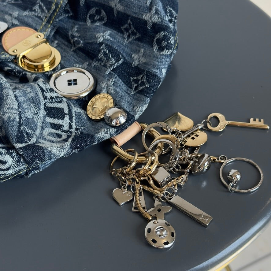 Rare Limited Edition Louis Vuitton Blue Monogram Raye Denim Judy Blame Mini Pleaty Gold & Silver Hardware, 2008 6 Charms - Queen May