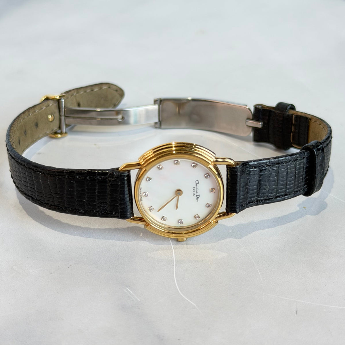 Rare Vintage Christian Dior Seashell Dial Gold Plated Watch with Leather Strap - Queen May
