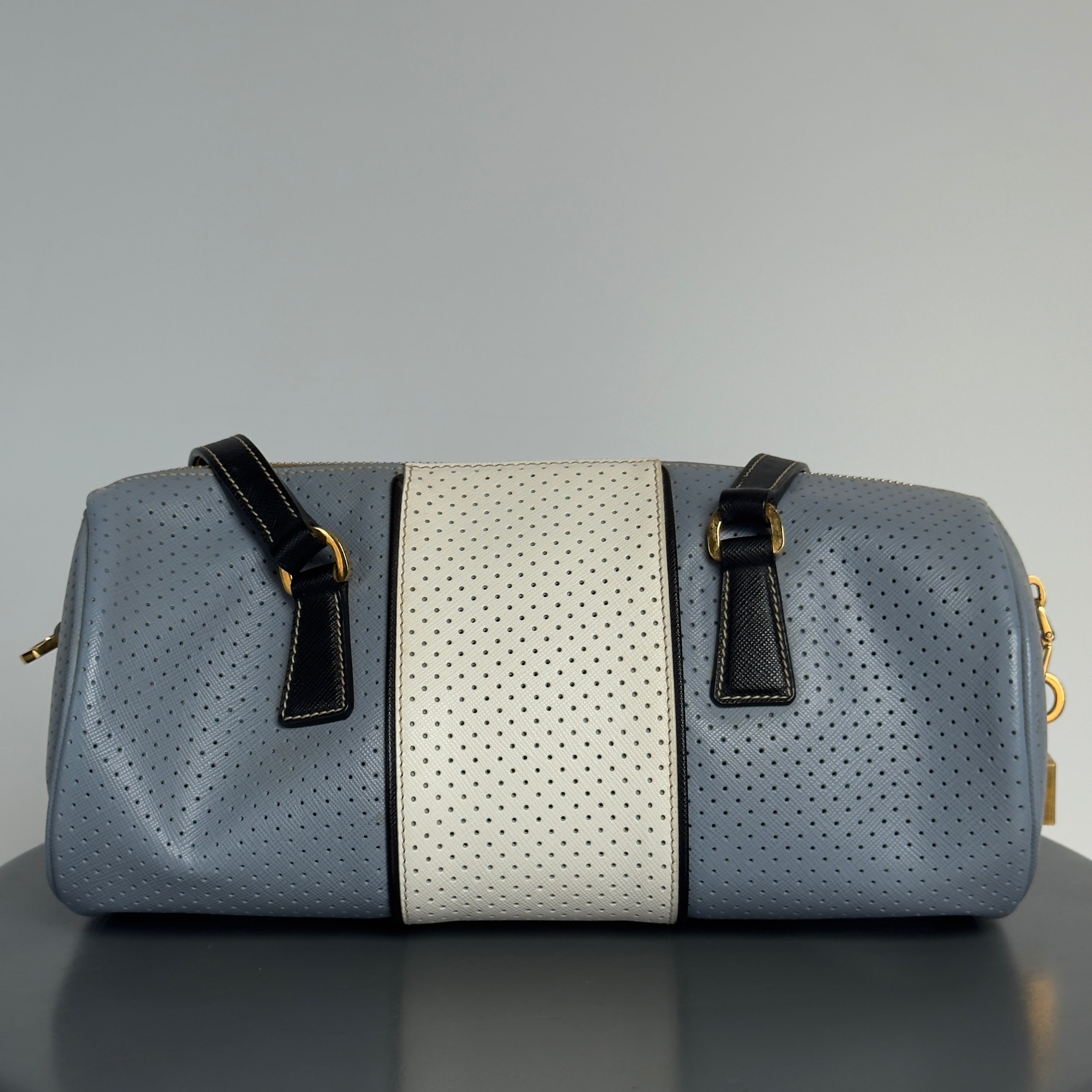 Prada Perforated Saffiano Lux Bauletto Bag Light Blue