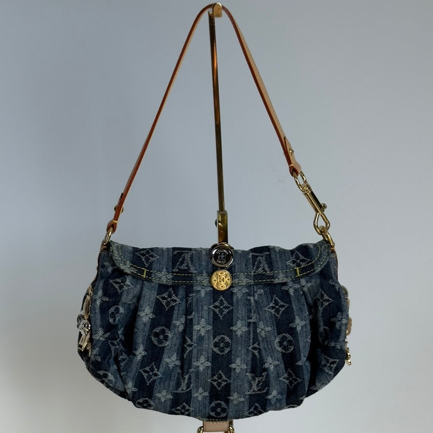 Rare Limited Edition Louis Vuitton Blue Monogram Raye Denim Judy Blame Mini Pleaty Gold & Silver Hardware, 2008 6 Charms - Queen May