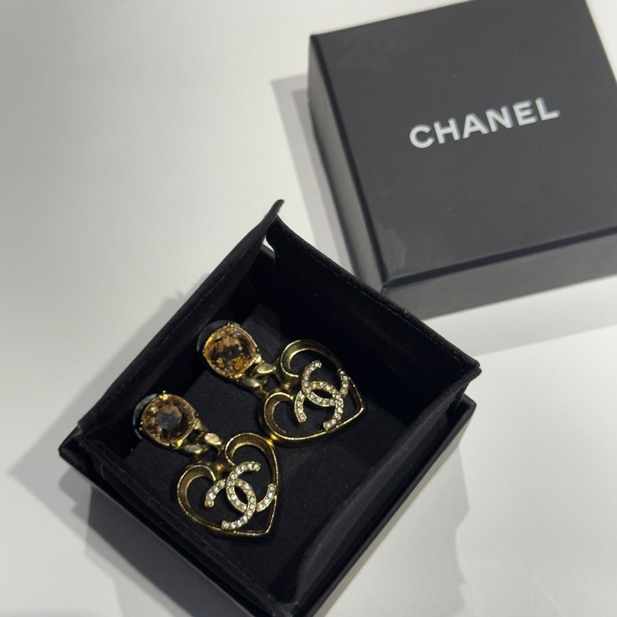 Chanel Pink and Clear Strass Heart Gold Metal Earrings 2023 - Queen May