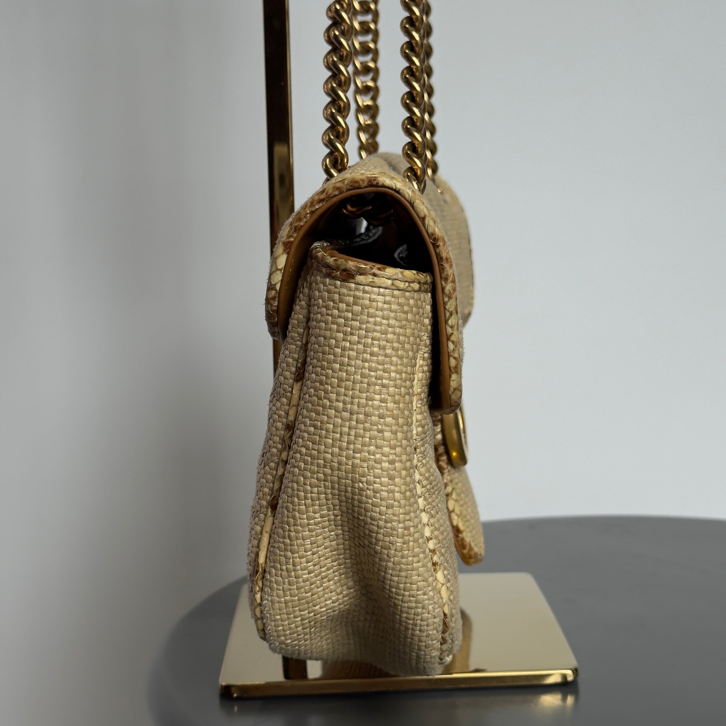 Gucci Raffia Elaphe Matelasse Small GG Shoulder Bag Natural Cream Brown