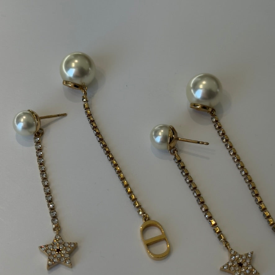 Dior Triabales Earrings Gold Finish Metal White Resin Pearls White Crystals - Queen May
