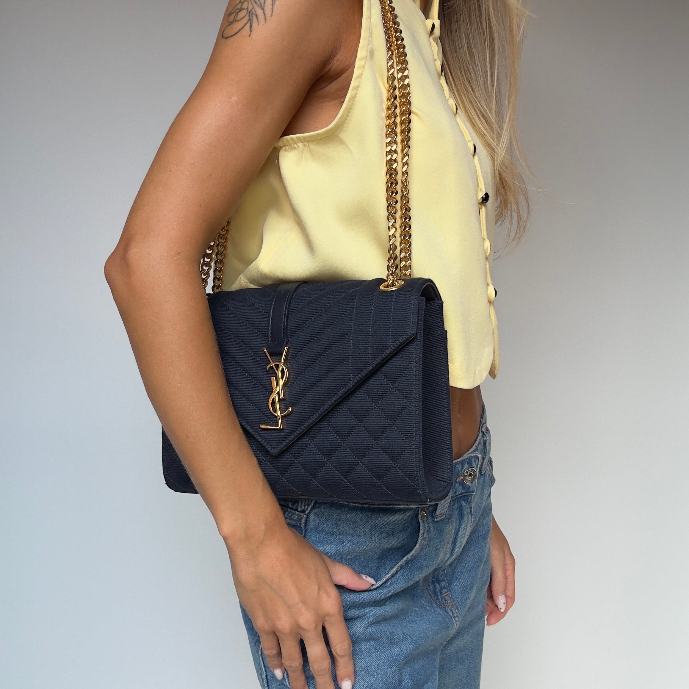 Saint Laurent Envelope Triquilt Chain Shoulder Bag Navy - Queen May