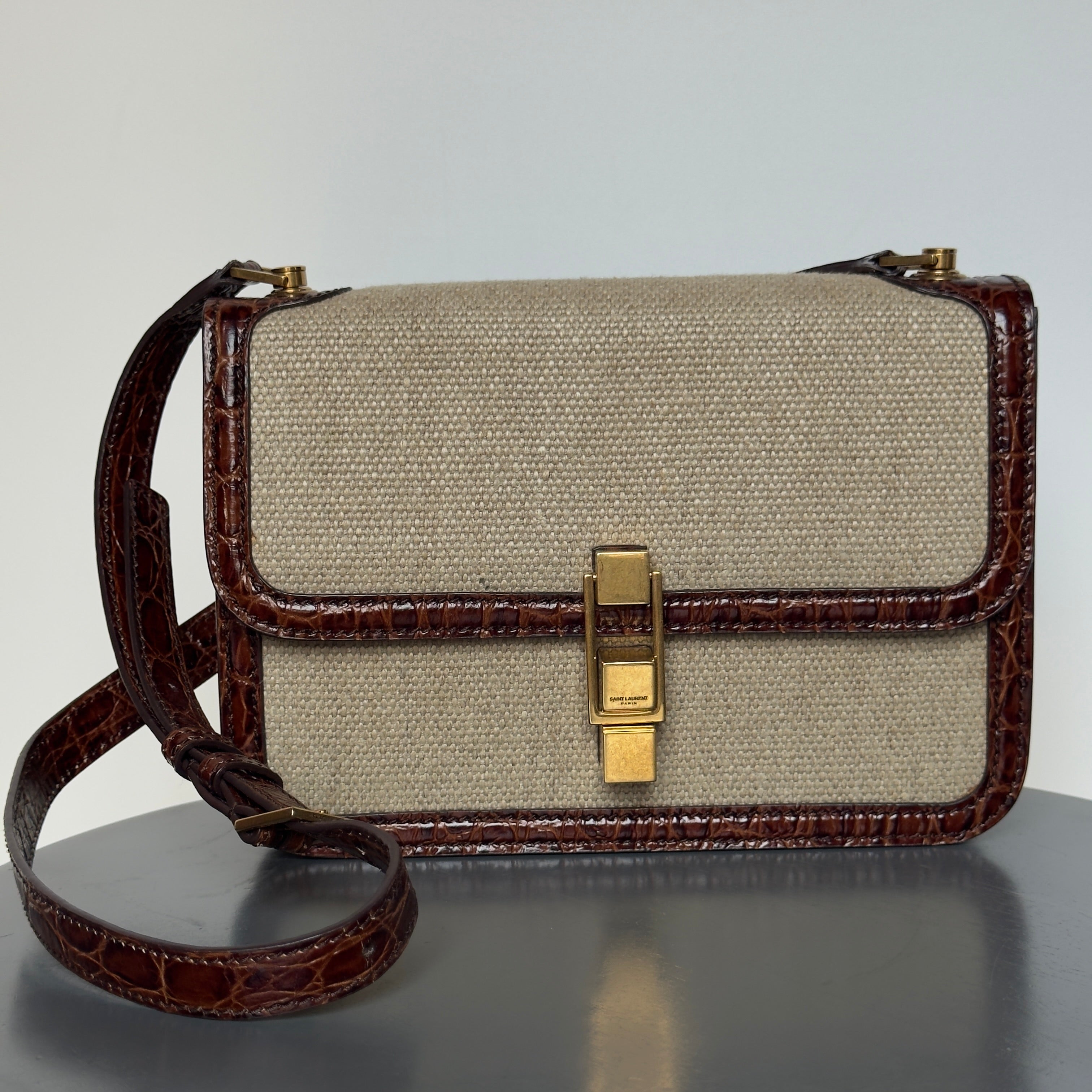 Saint Laurent Le Carre Satchel Canvas Brown Crocodile Embossed Leather Trim - Queen May
