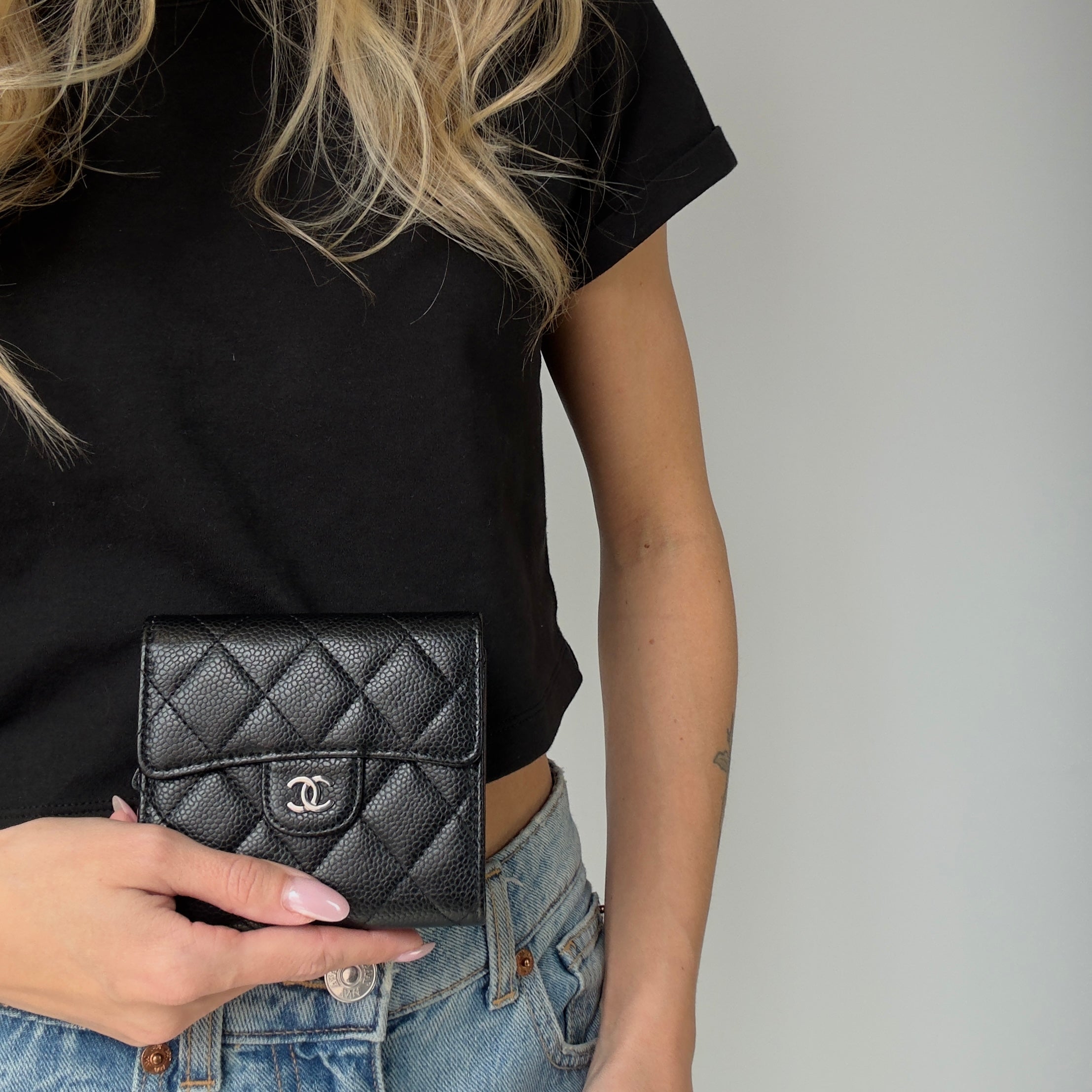 Chanel Black Caviar Quilted Compact Flap Wallet - Queen May