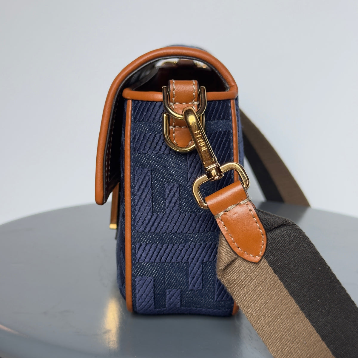 Fendi Zucca Embroidered Denim Baguette Satchel - Queen May