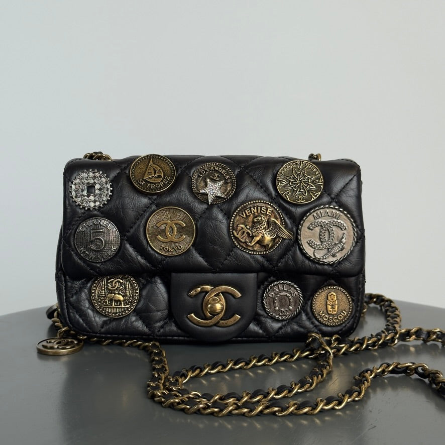 Limited Edition Chanel 2015 Calfskin Paris Dubai Coin Collector Extra Mini Flap Bag - Queen May
