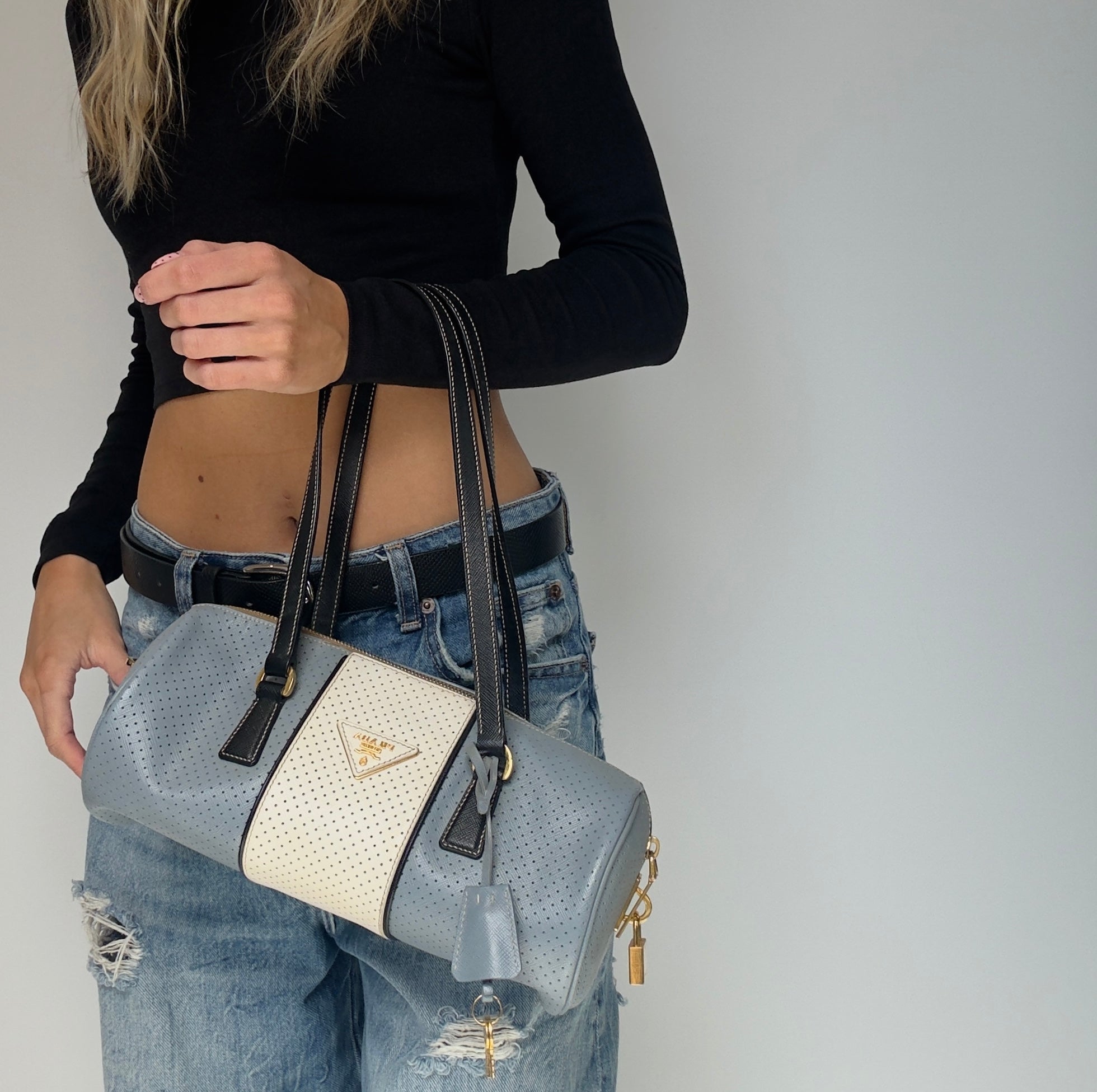 Prada Perforated Saffiano Lux Bauletto Bag Light Blue