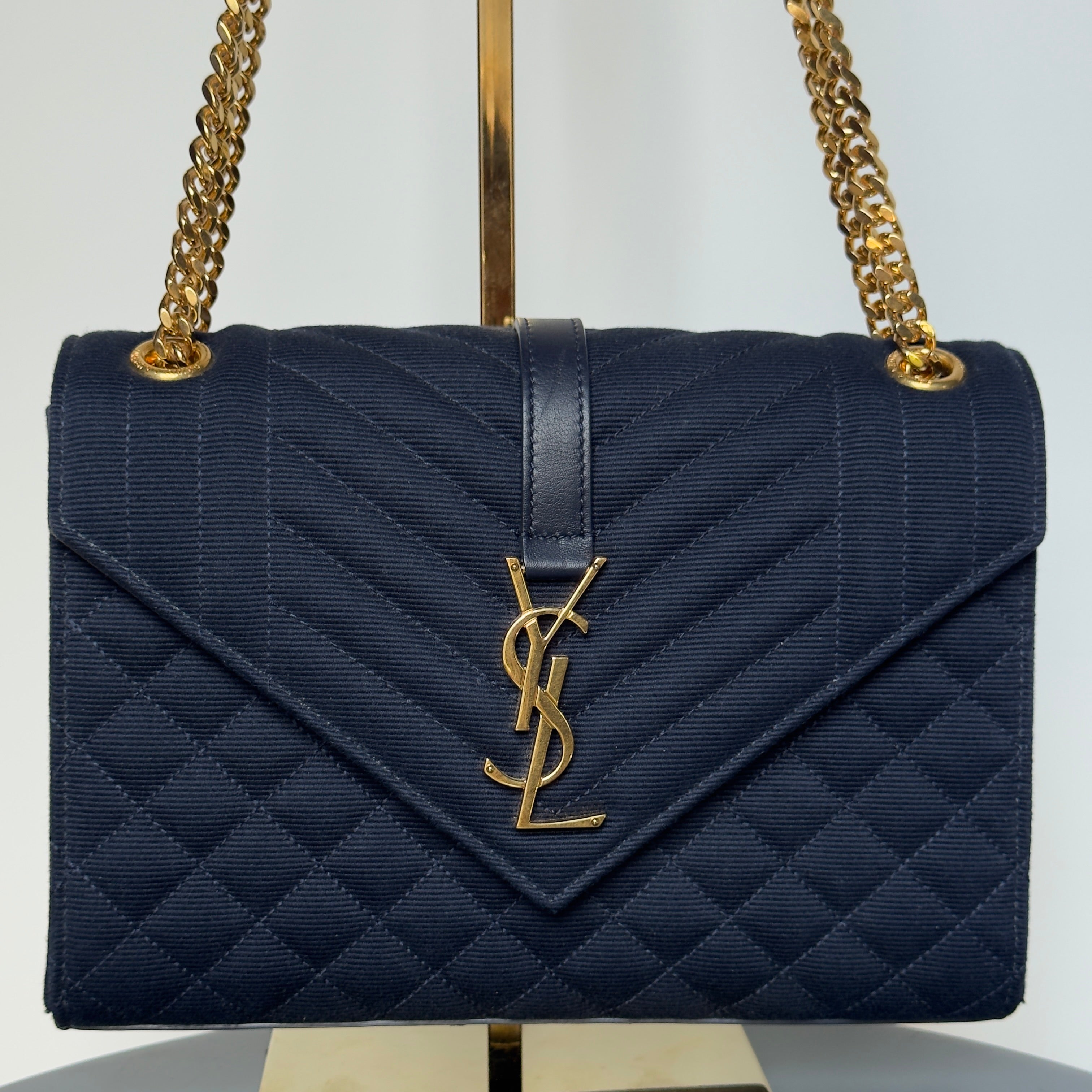 Saint Laurent Envelope Triquilt Chain Shoulder Bag Navy - Queen May