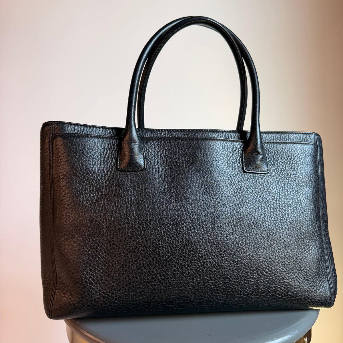 Chanel Large Black Calfskin Cerf Executive Shopper Tote Silver Hardware With Strap