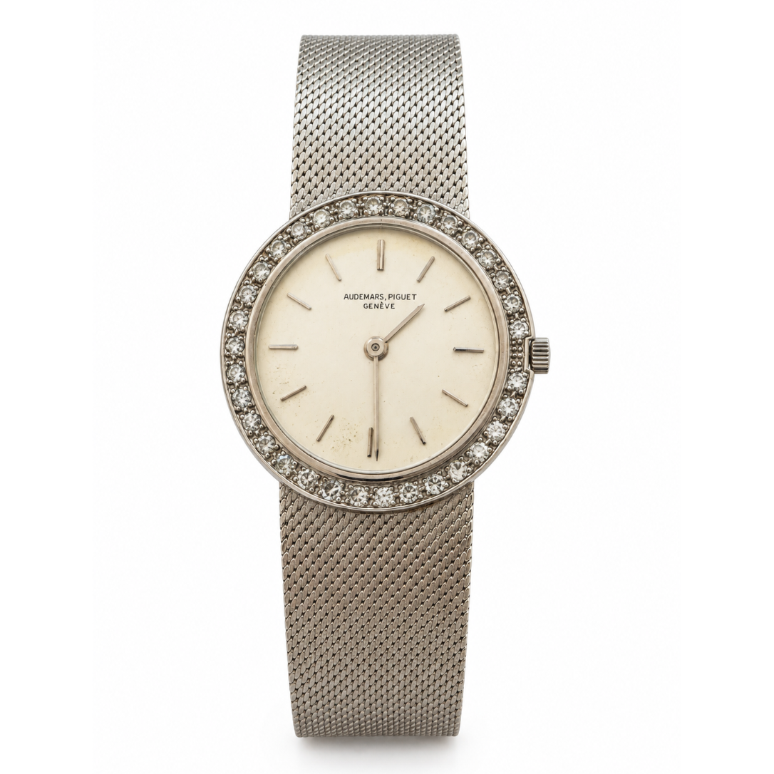 Vintage 18K White Gold Audemars Piguet Diamond Bezel Set Watch With Custom 14K Adjustable Bracelet