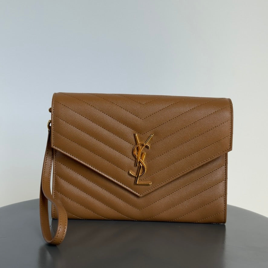 Saint Laurent Quilted Clutch Dark Natural Gold - Queen May