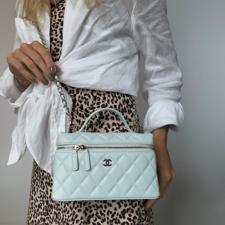 Chanel Caviar Quilted Top Handle Slim Vanity with Chain Light Blue - Queen May