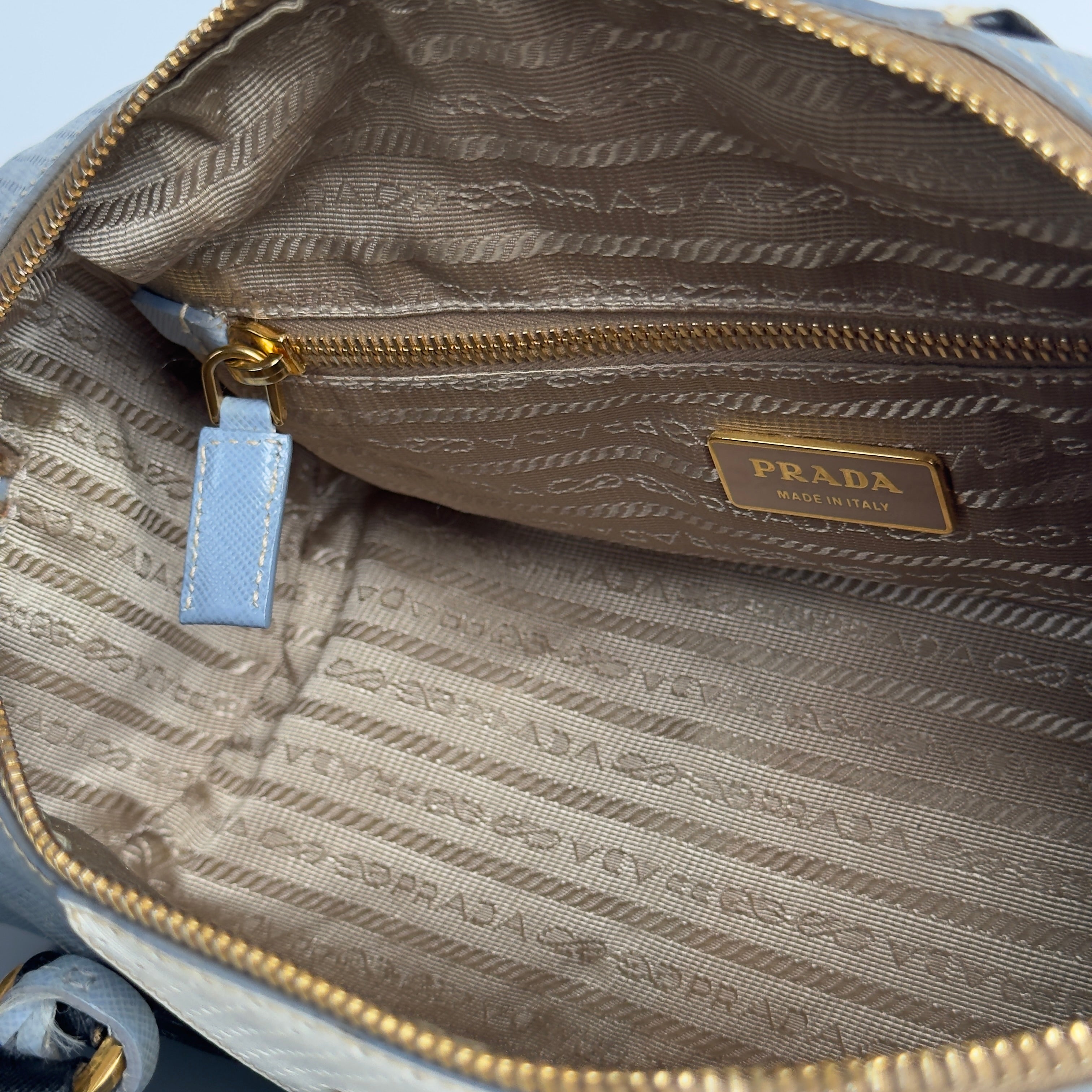 Prada Perforated Saffiano Lux Bauletto Bag Light Blue
