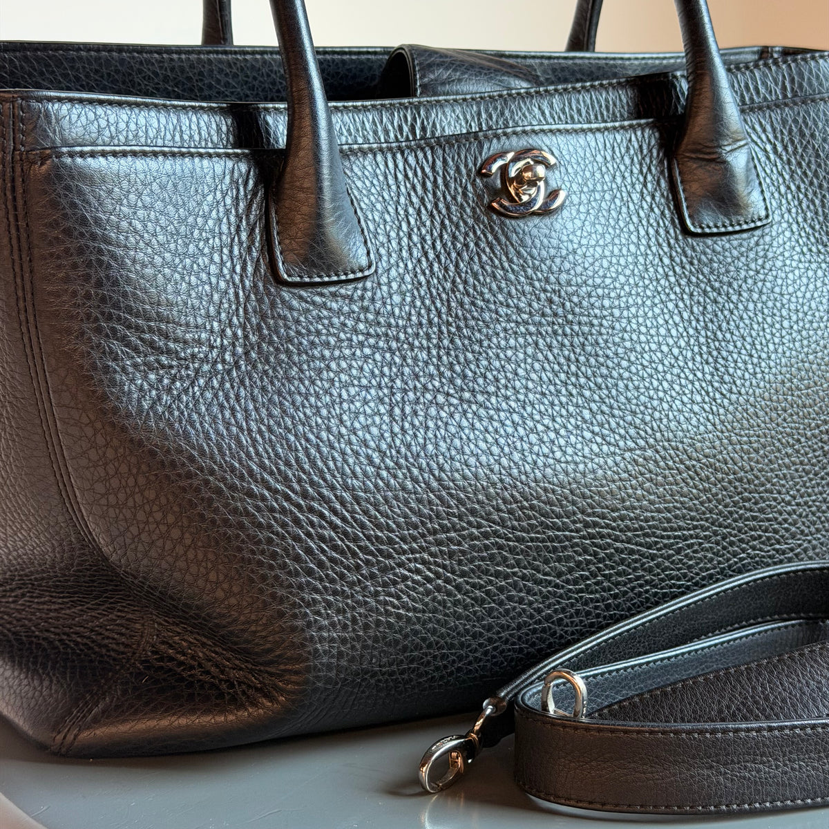 Chanel Large Black Calfskin Cerf Executive Shopper Tote Silver Hardware With Strap
