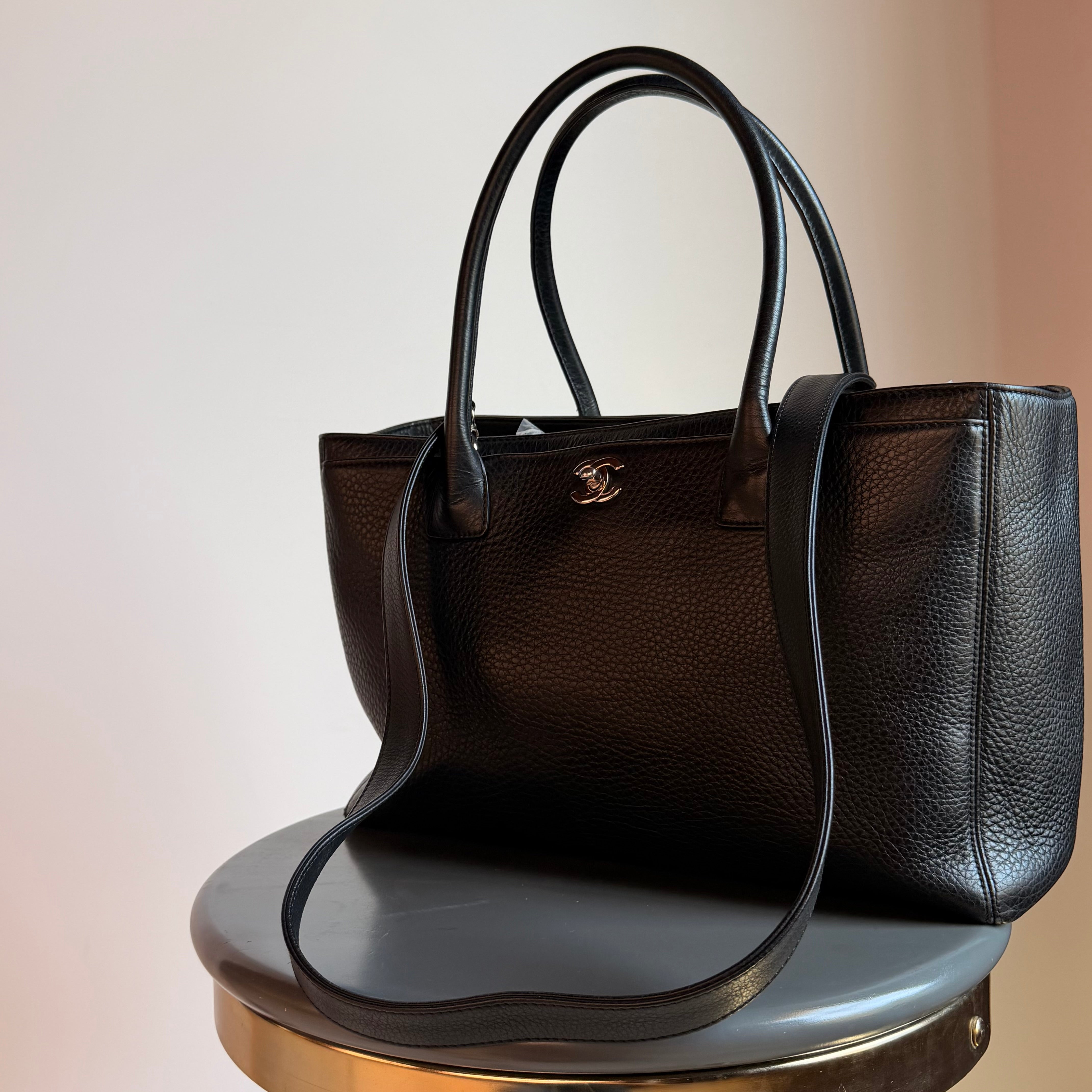 Chanel Large Black Calfskin Cerf Executive Shopper Tote Silver Hardware With Strap
