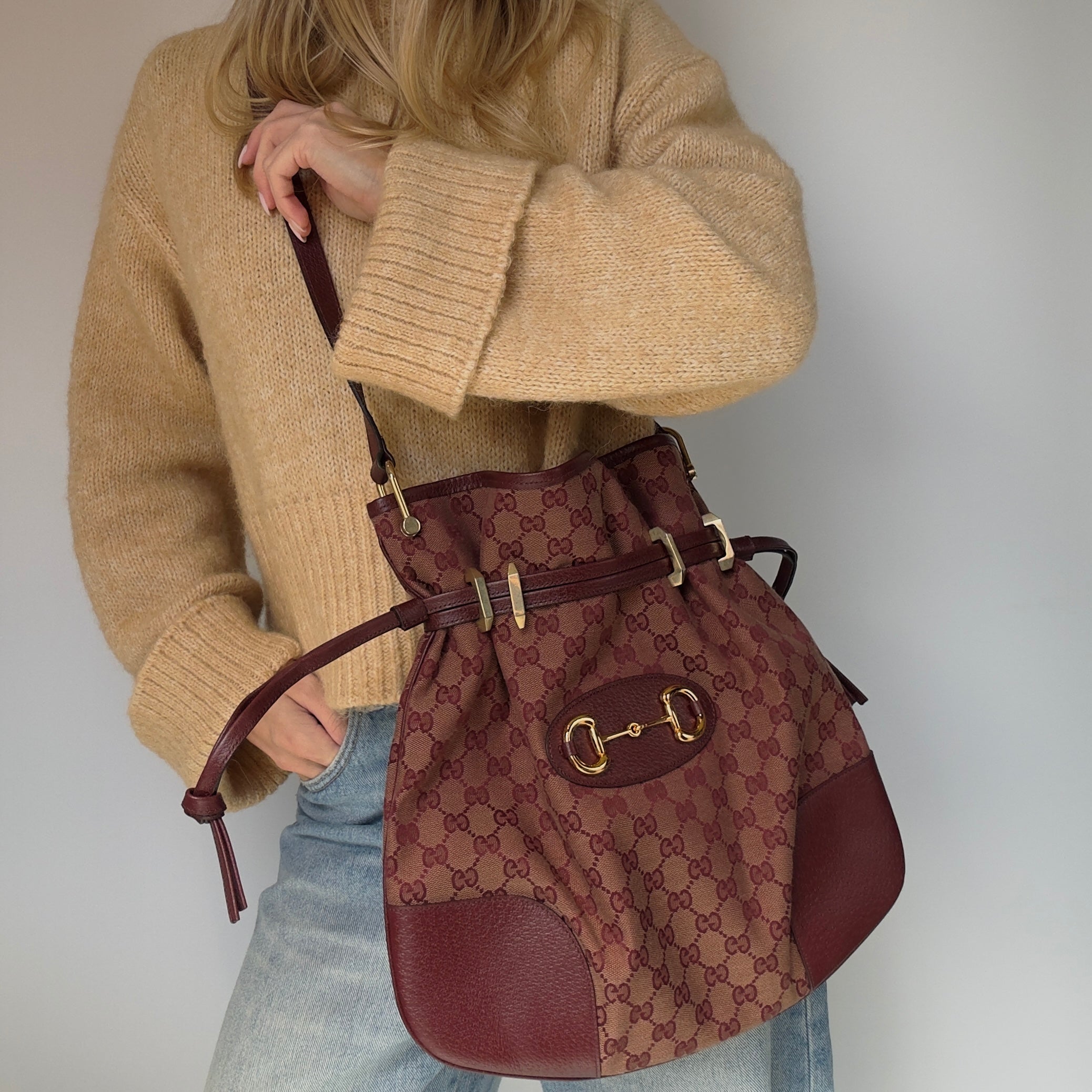 Gucci Horsebit 1955 Maroon Canvas Shoulder Bag - Queen May