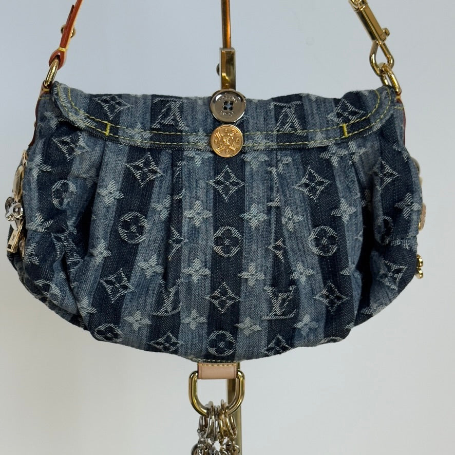Rare Limited Edition Louis Vuitton Blue Monogram Raye Denim Judy Blame Mini Pleaty Gold & Silver Hardware, 2008 6 Charms - Queen May
