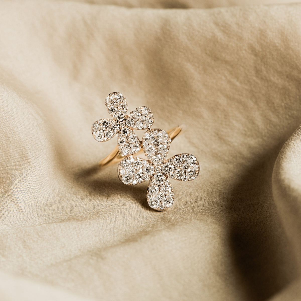 18K Yellow Gold 1.65 Carat Total Weight Diamond Pave Flower Bypass Ring - Queen May