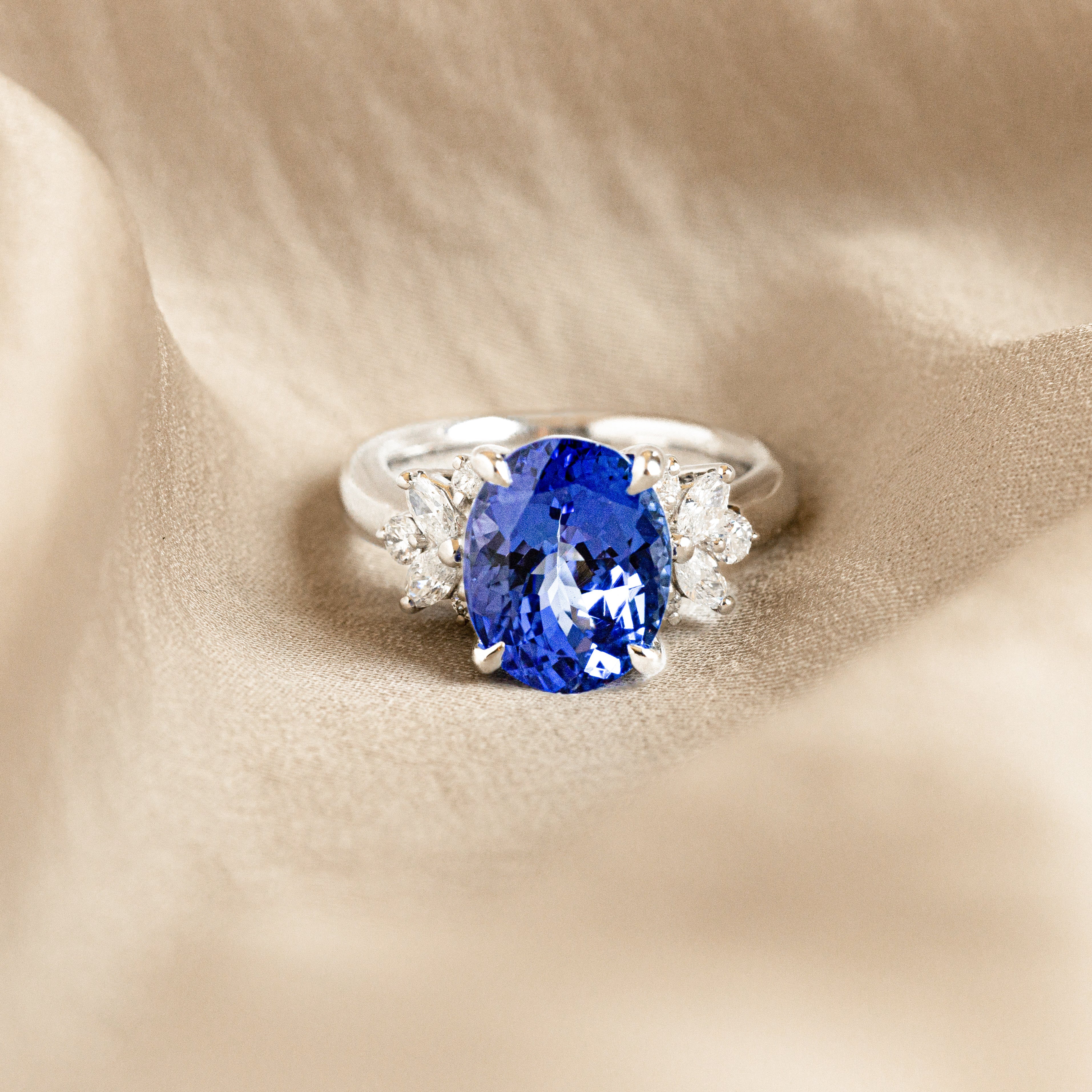 Platinum 5.54 Carat Oval Tanzanite Diamond Ring - Queen May