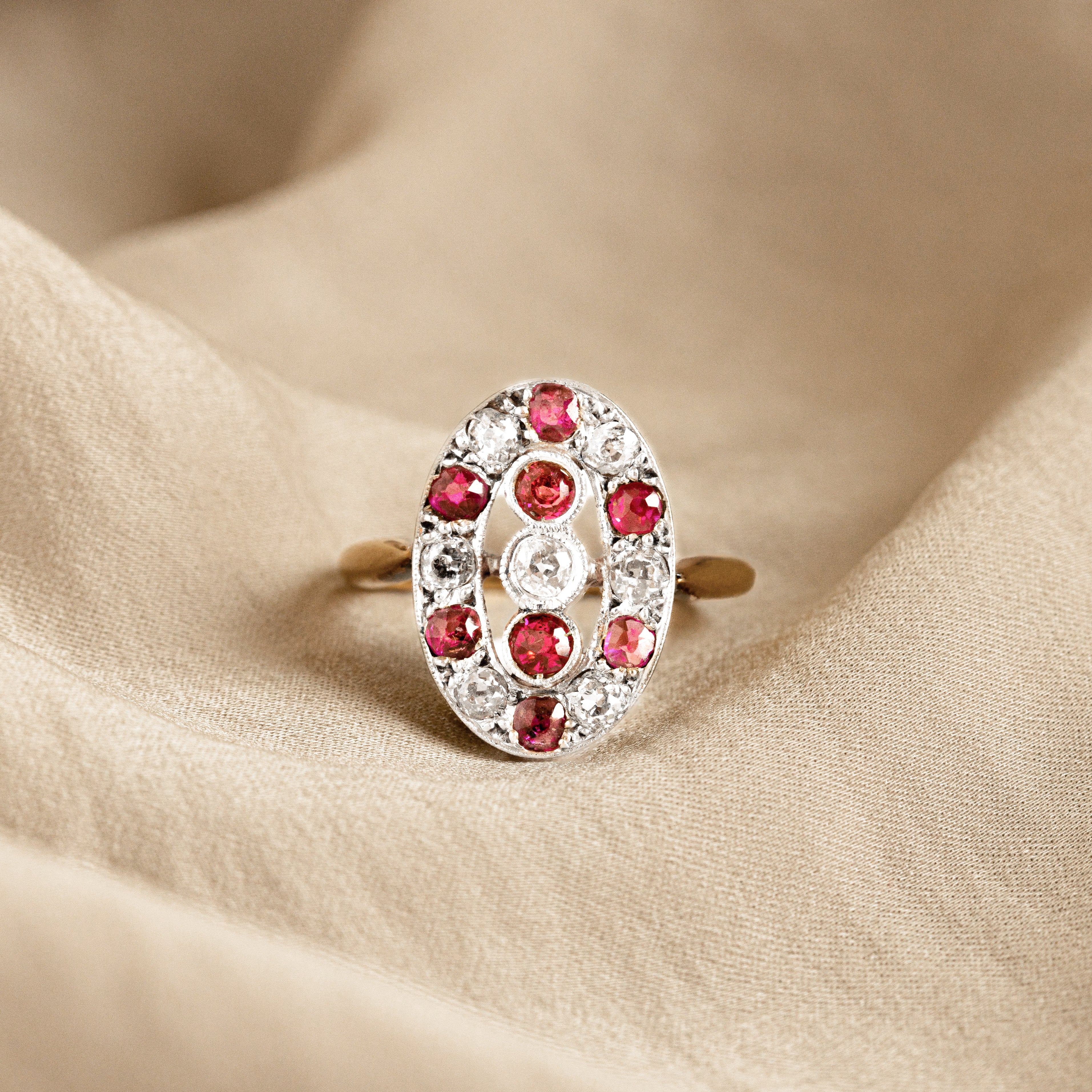 Victorian 18K Yellow Gold Platinum Old European Diamond Ruby Ring - Queen May