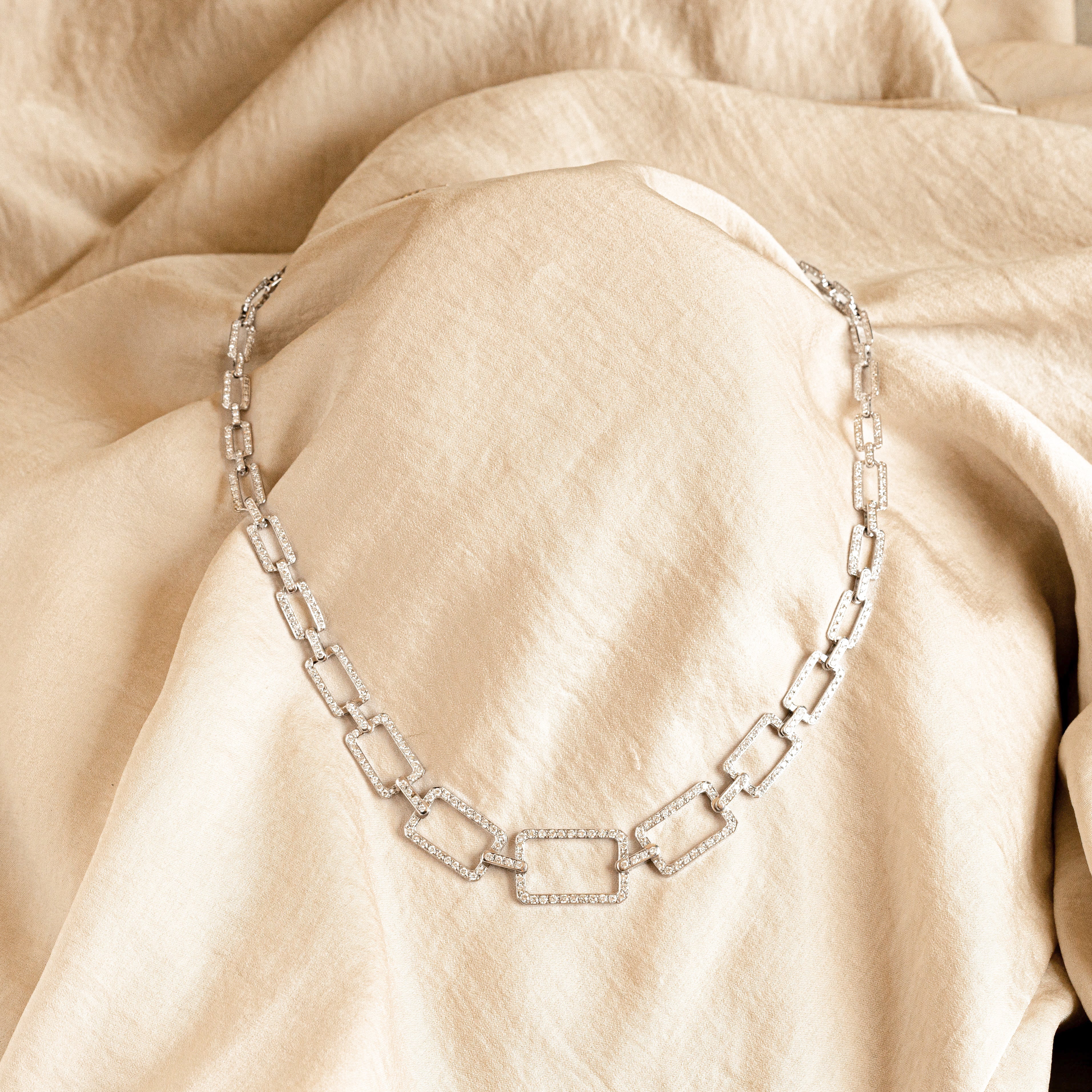 4.4 Carat Total Weight Diamond Square Link Necklace in 18K White Gold - Queen May