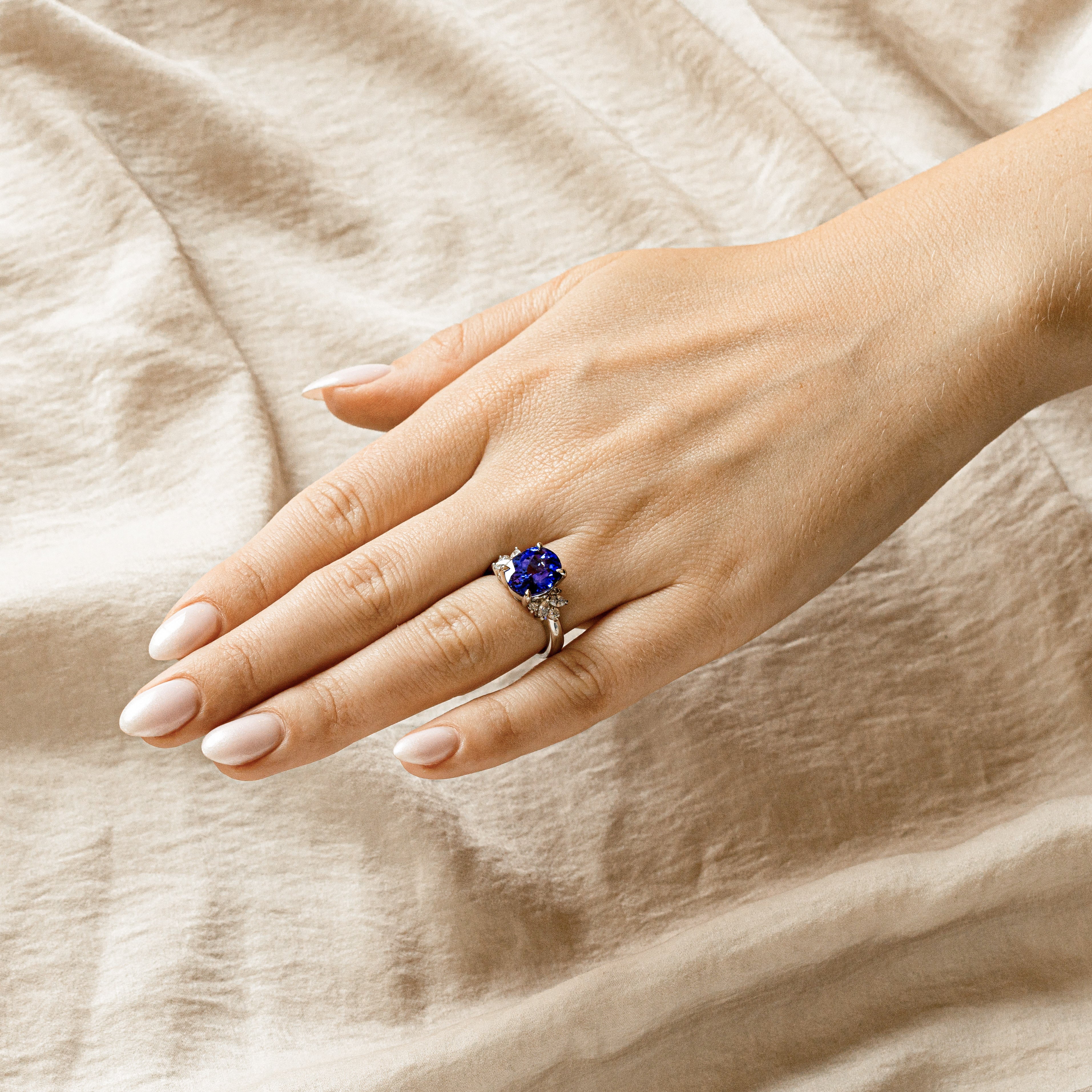 Platinum 5.54 Carat Oval Tanzanite Diamond Ring - Queen May