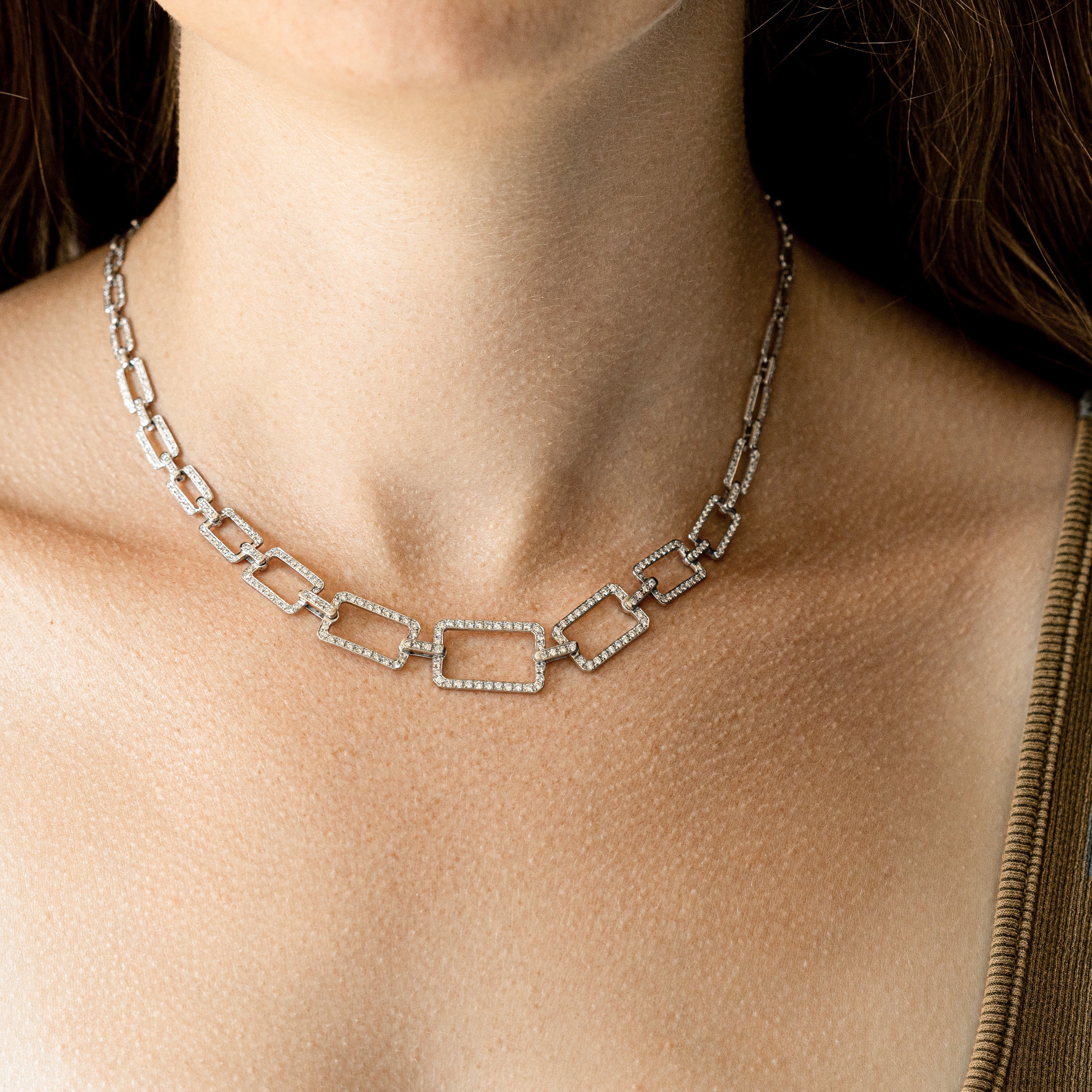 4.4 Carat Total Weight Diamond Square Link Necklace in 18K White Gold - Queen May