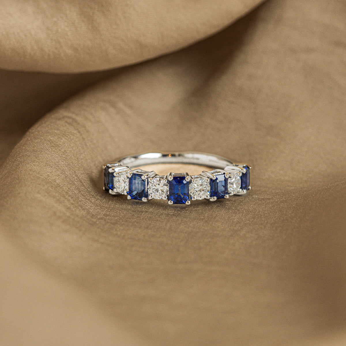 14K White Gold Emerald Cut Natural Sapphire Diamond Band - Queen May