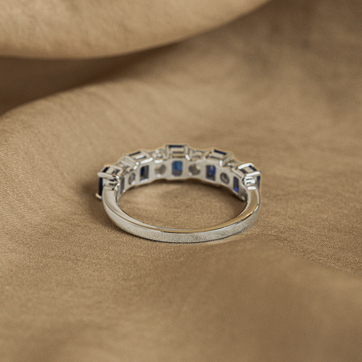 14K White Gold Emerald Cut Natural Sapphire Diamond Band - Queen May
