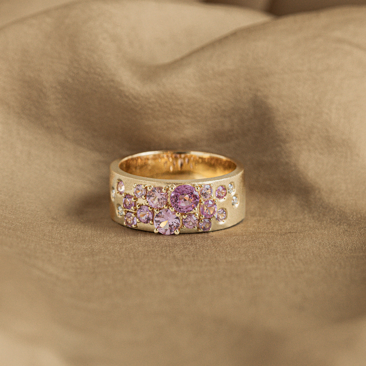 14K Yellow Gold Natural Pink Sapphire Diamond Brushed Wide Band - Queen May