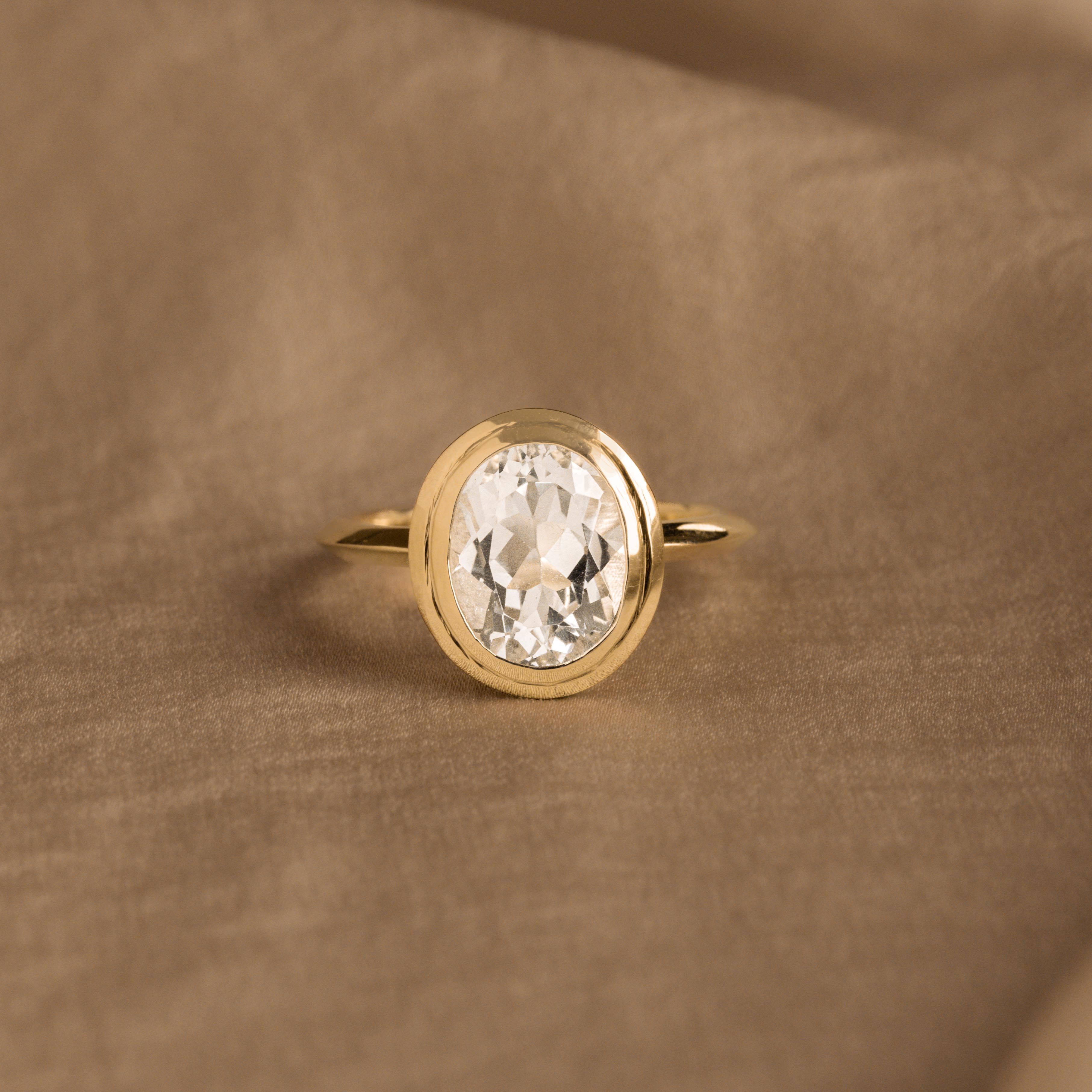 14K Yellow Gold 3.30 Carat Oval White Topaz Bezel Knife Edge Ring - Queen May