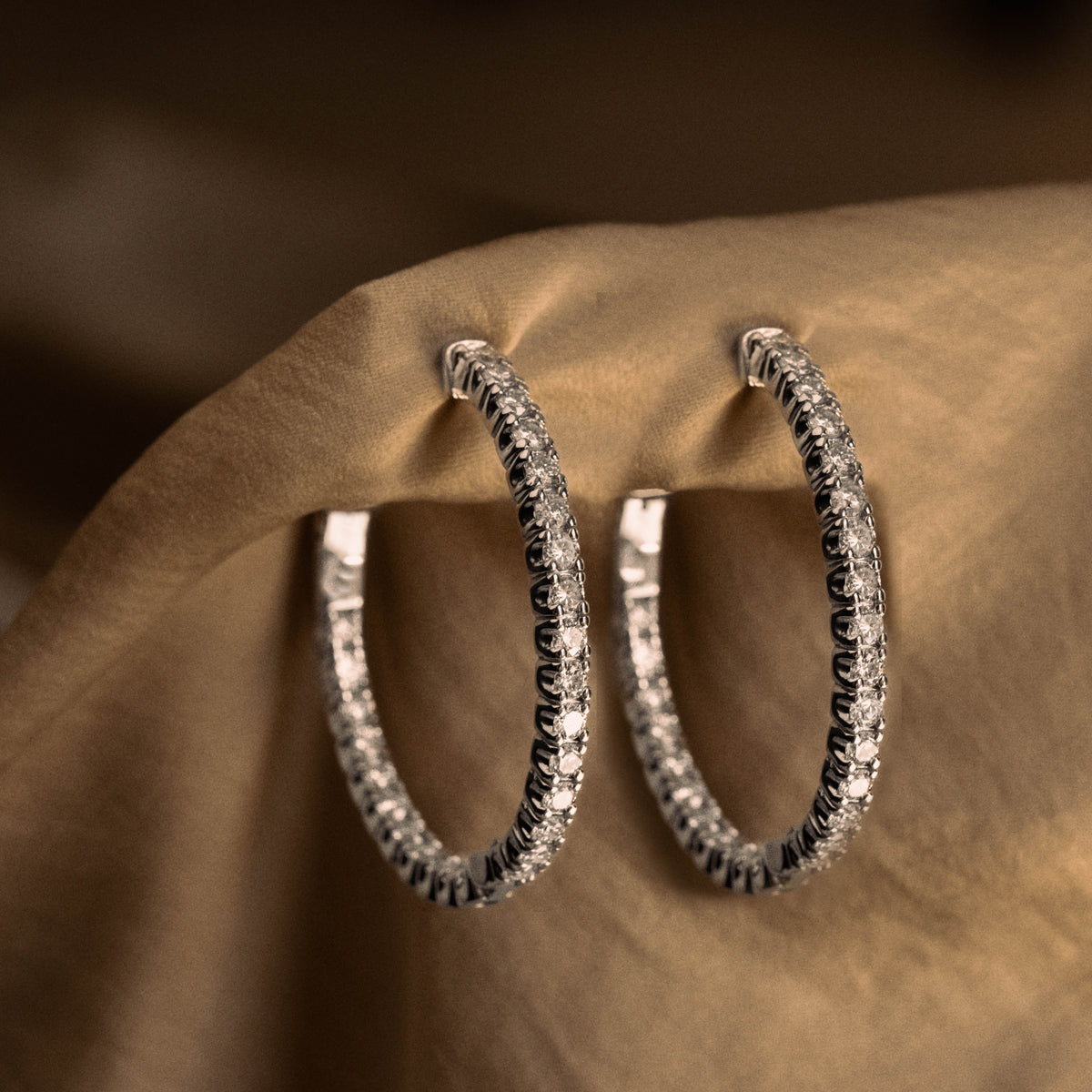 14K White Gold 3.14 Carat Total Weight Round Brilliant Cut Diamond Oval Inside-Out Hoop Earrings - Queen May
