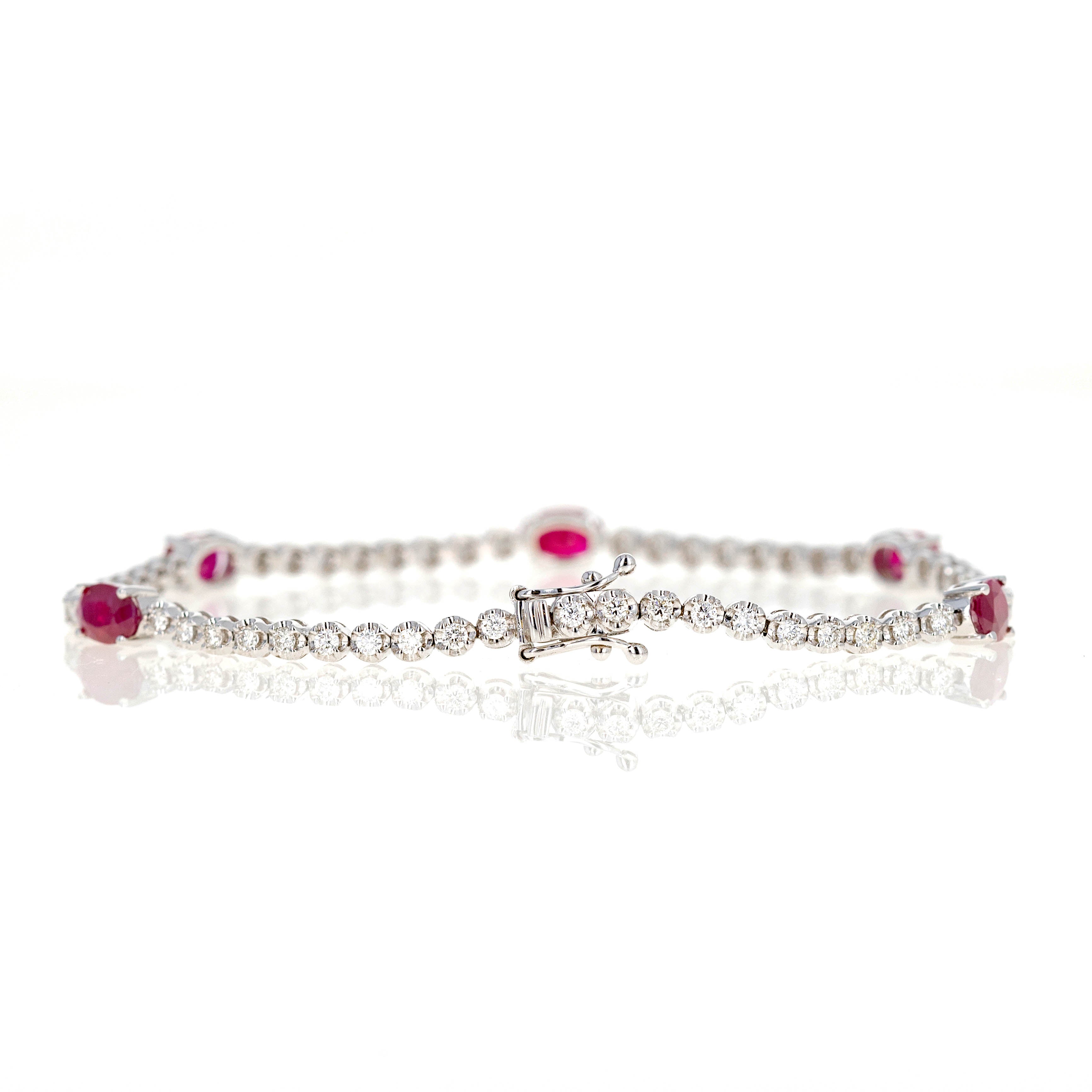 14K White Gold Oval Natural Ruby Diamond Tennis Bracelet - Queen May