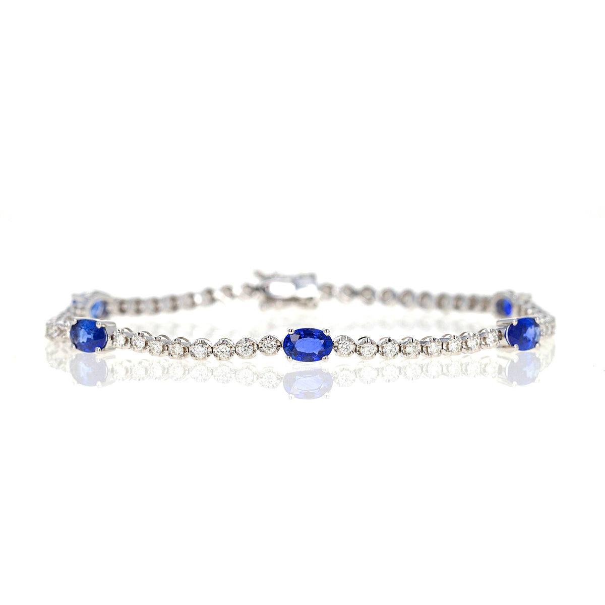 14K White Gold Oval Natural Sapphire Diamond Tennis Bracelet - Queen May