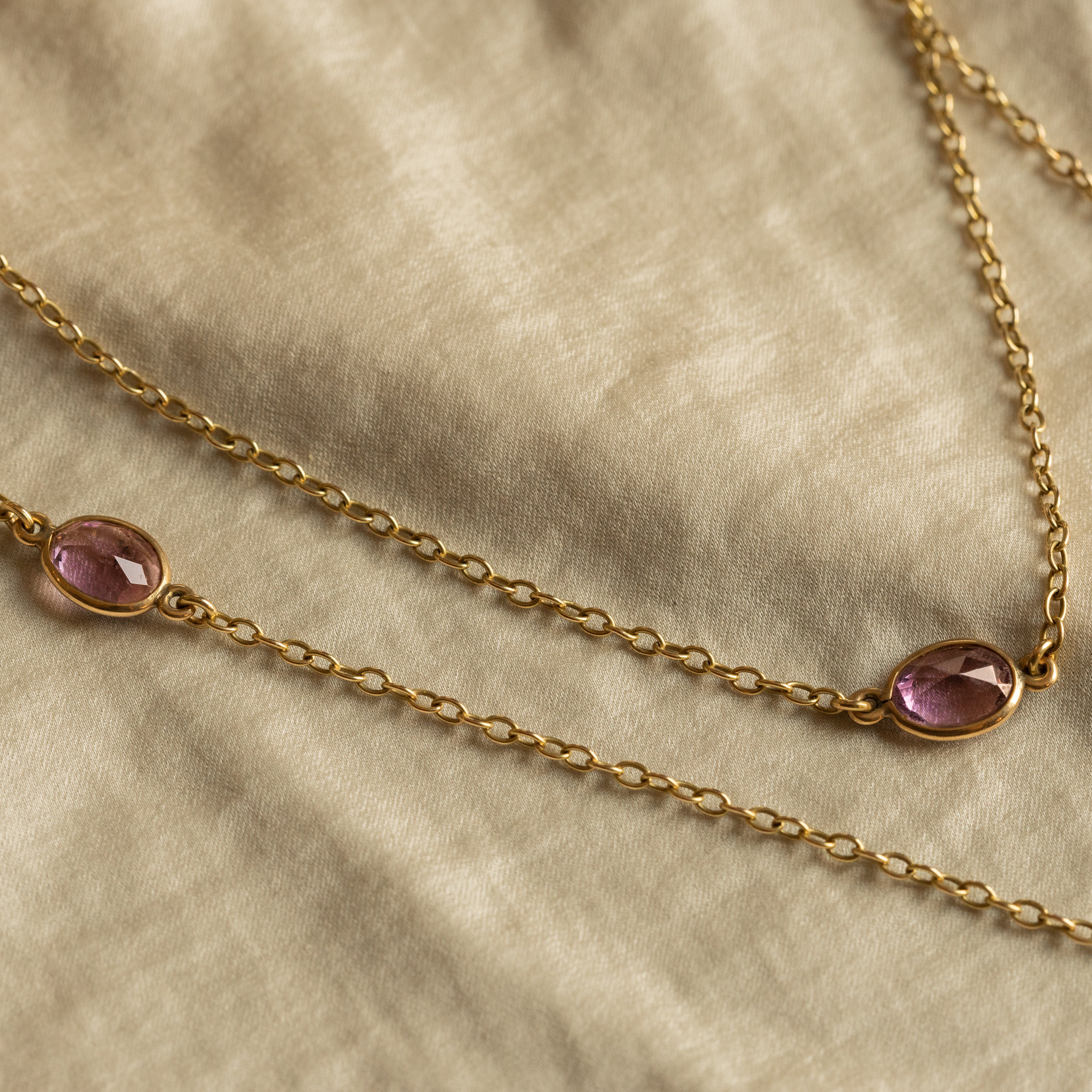 Victorian 14K Yellow Gold Amethyst Bezel Watch Swivel Clasp Long Chain - Queen May