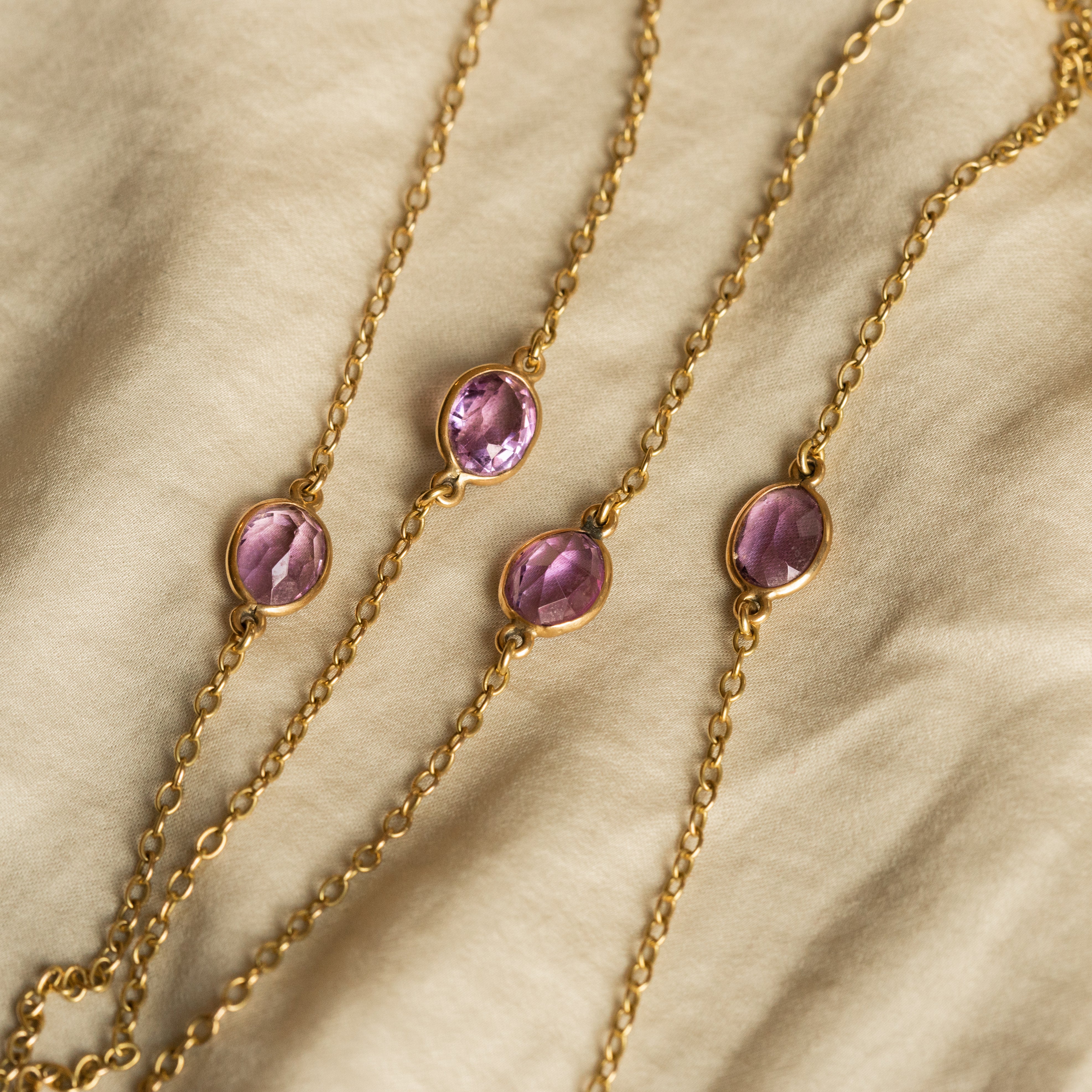 Victorian 14K Yellow Gold Amethyst Bezel Watch Swivel Clasp Long Chain - Queen May